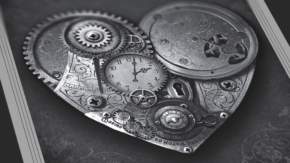 Black and white poster of a heart-shaped clock with interlocking gears