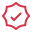 Red icon of a checkmark inside a starburst or badge shape, symbolizing quality assurance or certification.