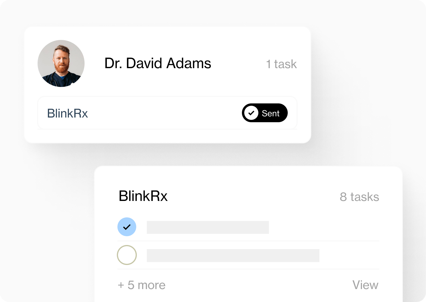 Task card for Dr. David Adams showing one completed task marked as 'Sent' to BlinkRx.