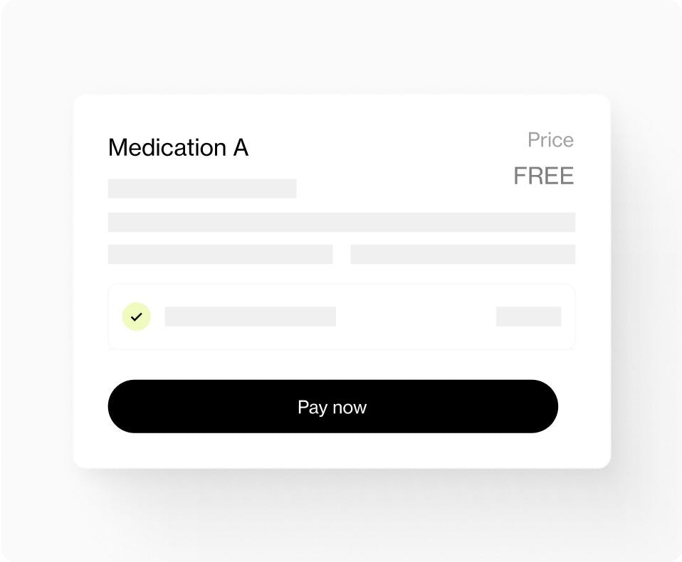 Medication payment screen showing 'Medication A' marked as free, with a black 'Pay now' button at the bottom.
