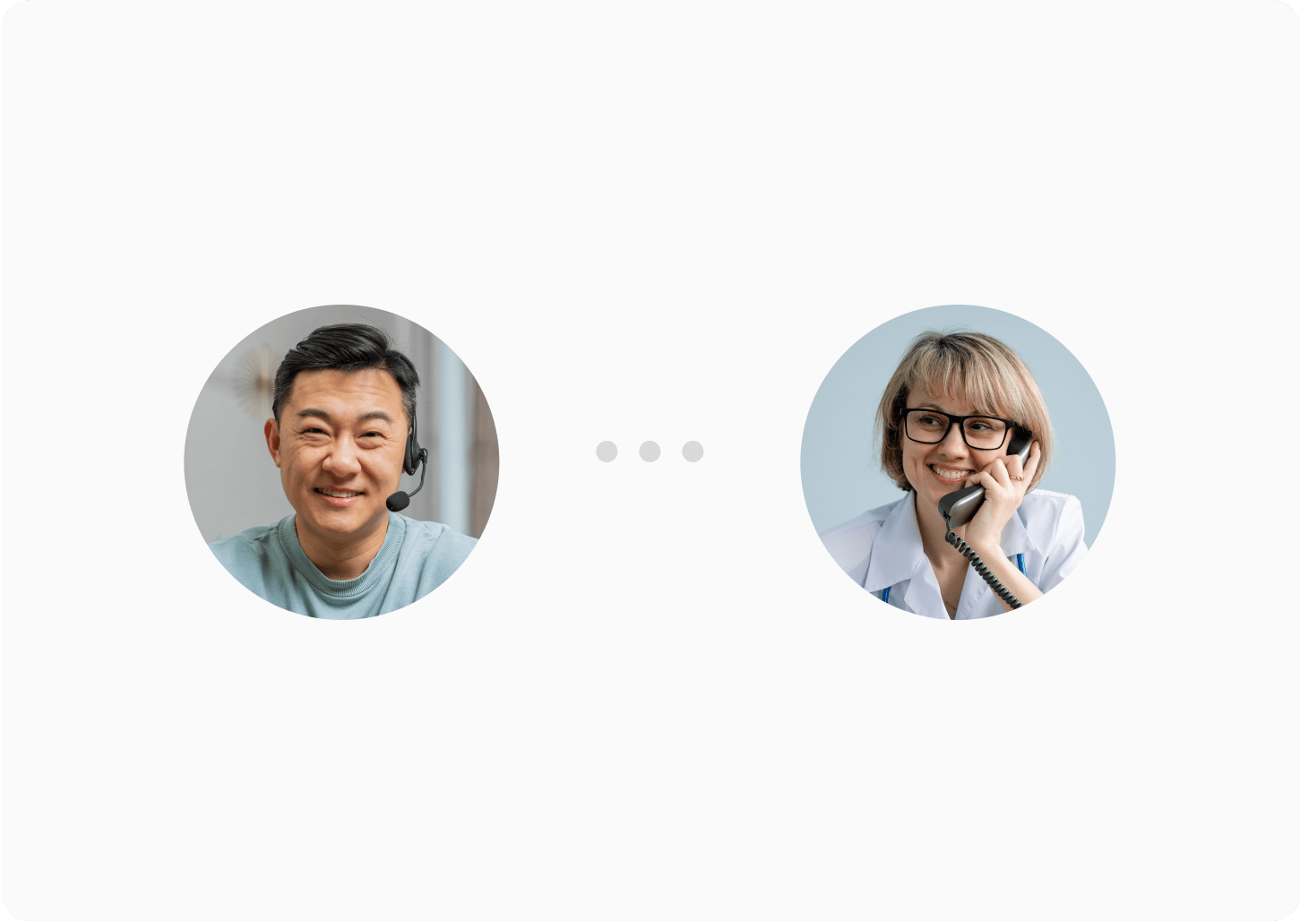 Two healthcare professionals on a call—one man wearing a headset and smiling, and one woman smiling while on the phone, connected by a dotted line.
