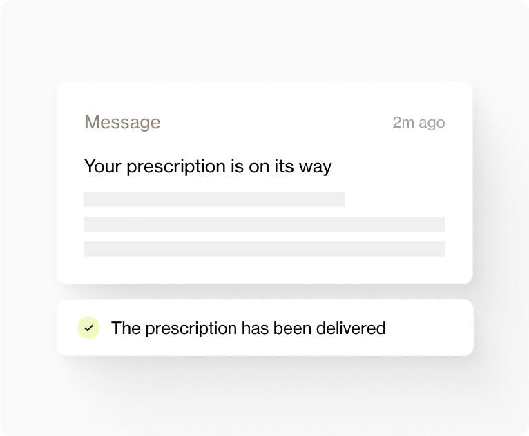 Message confirming a prescription is on its way, followed by a delivery confirmation message stating 'The prescription has been delivered' with a checkmark.