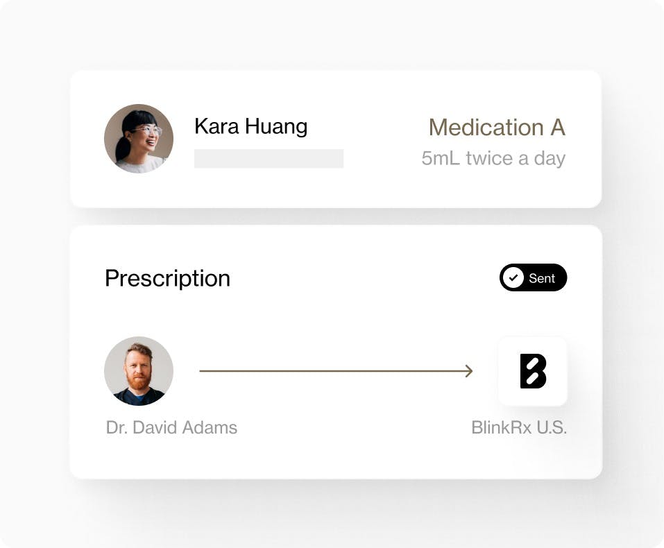 Prescription summary showing patient Kara Huang prescribed Medication A (5mL twice a day). Below, a visual flow indicates Dr. David Adams sent the prescription to BlinkRx U.S.