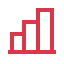 Red icon of a bar chart with three ascending bars, representing data growth or analytics.