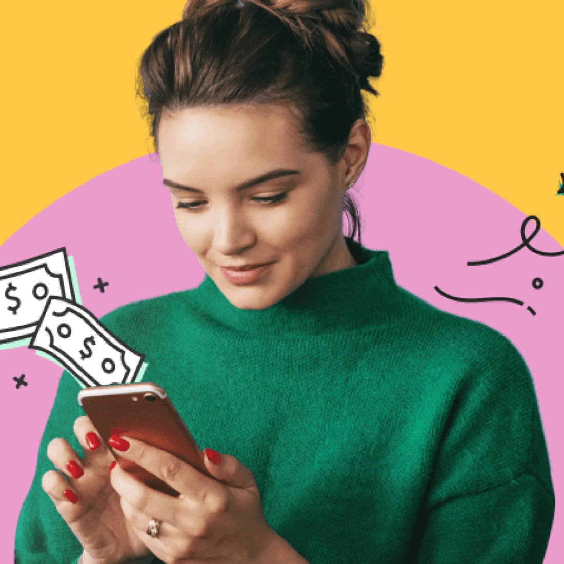 Woman looking at phone with illustration of money coming out of it.