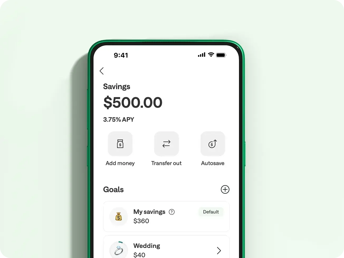 Chime app screen showing $500 in savings with 3.75% APY, and savings goals listed below.