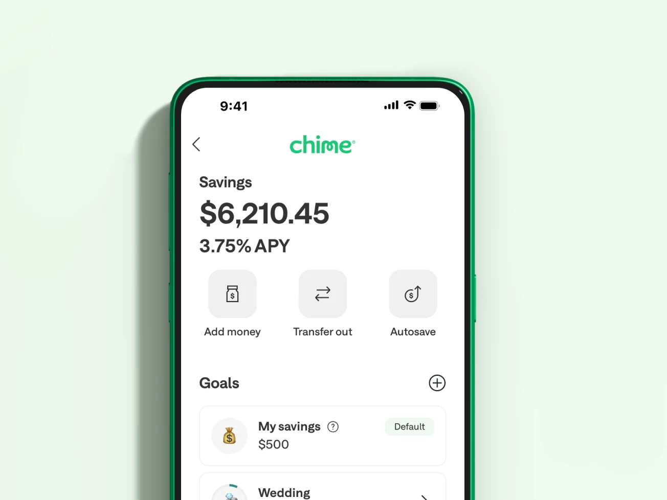 Chime app screen showing $500 in savings with 3.75% APY, and savings goals listed below.