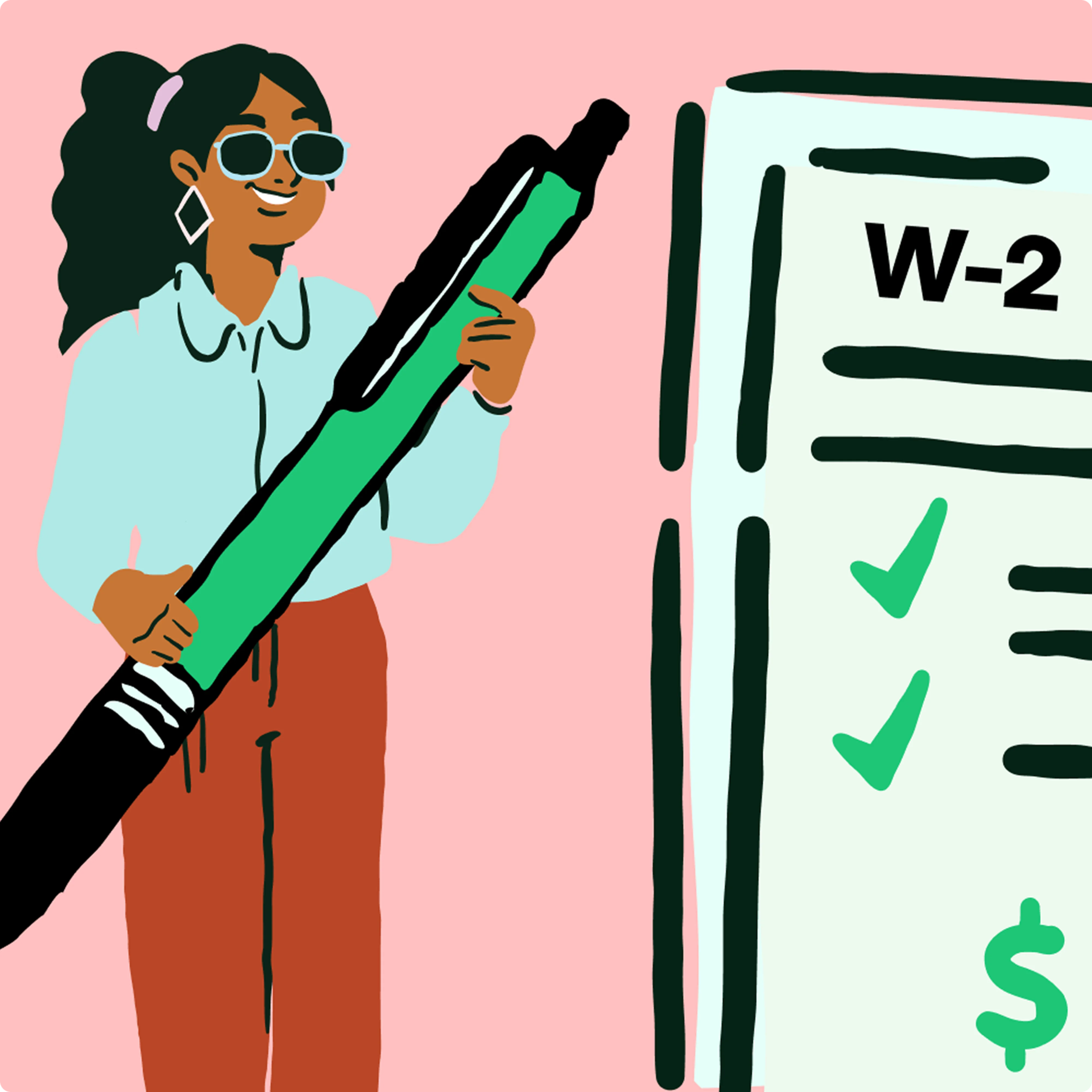 An illustration of someone holding a pen and checking off a W-2 checklist.