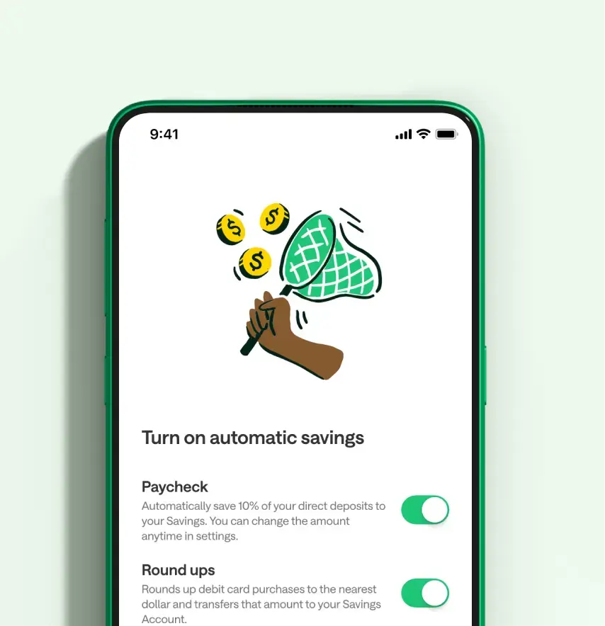 Illustration of a hand catching coins with a net, promoting Chime’s automatic savings features like paycheck deposits and round-ups for effortless saving.