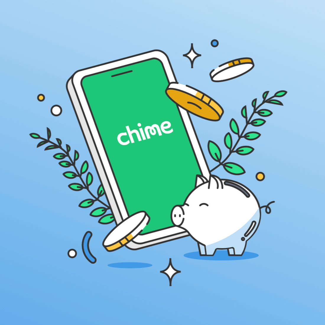 Chime logo on mobile phone with piggy bank coins and branches floating