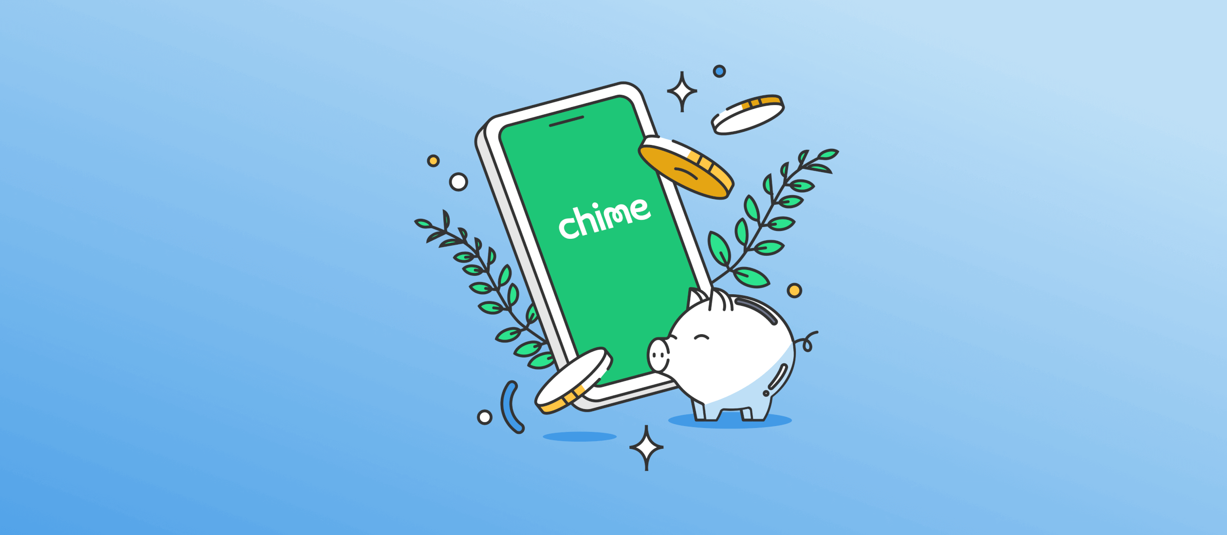 Chime logo on mobile phone with piggy bank coins and branches floating