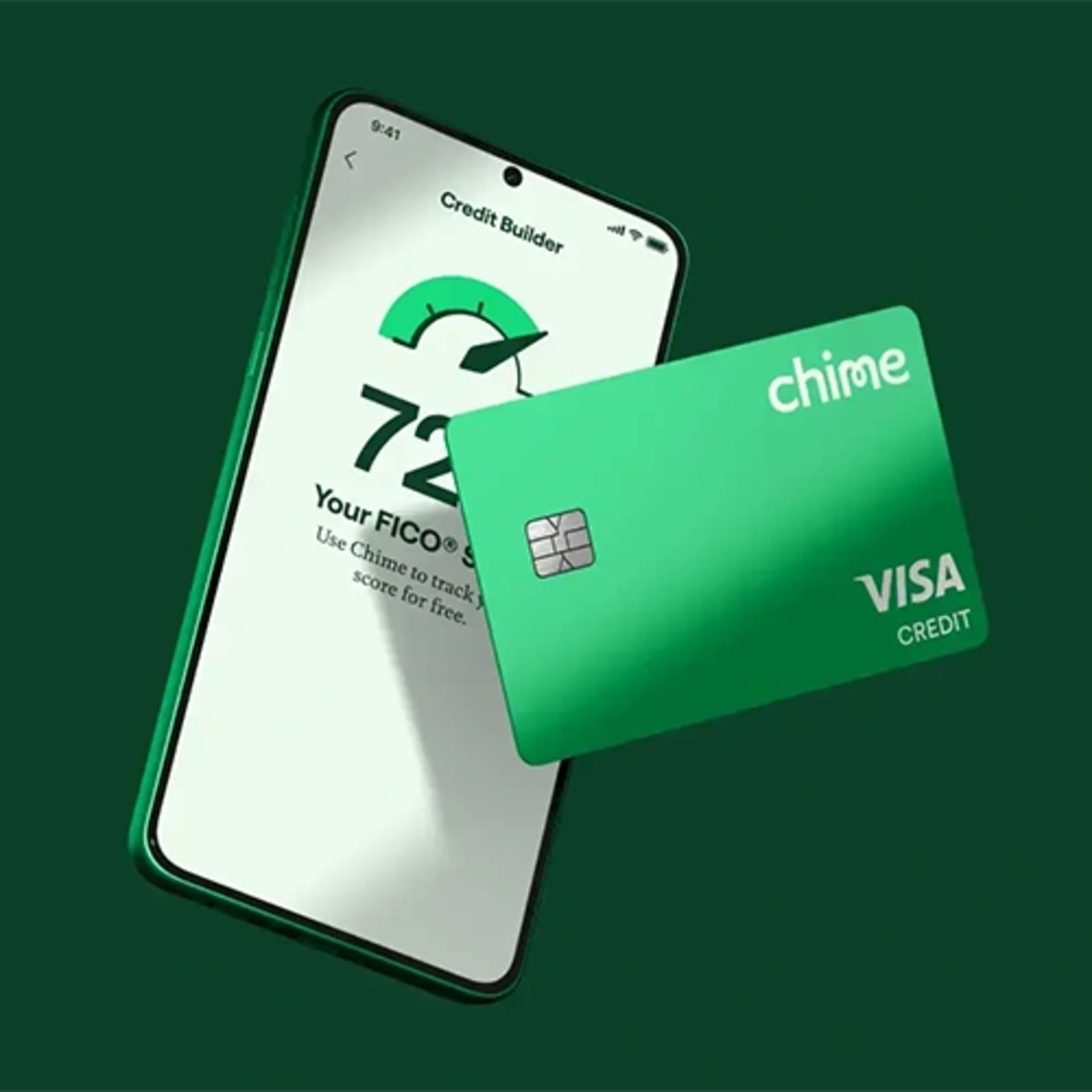 Chime Credit Builder Visa card with mobile app screen showing credit score.