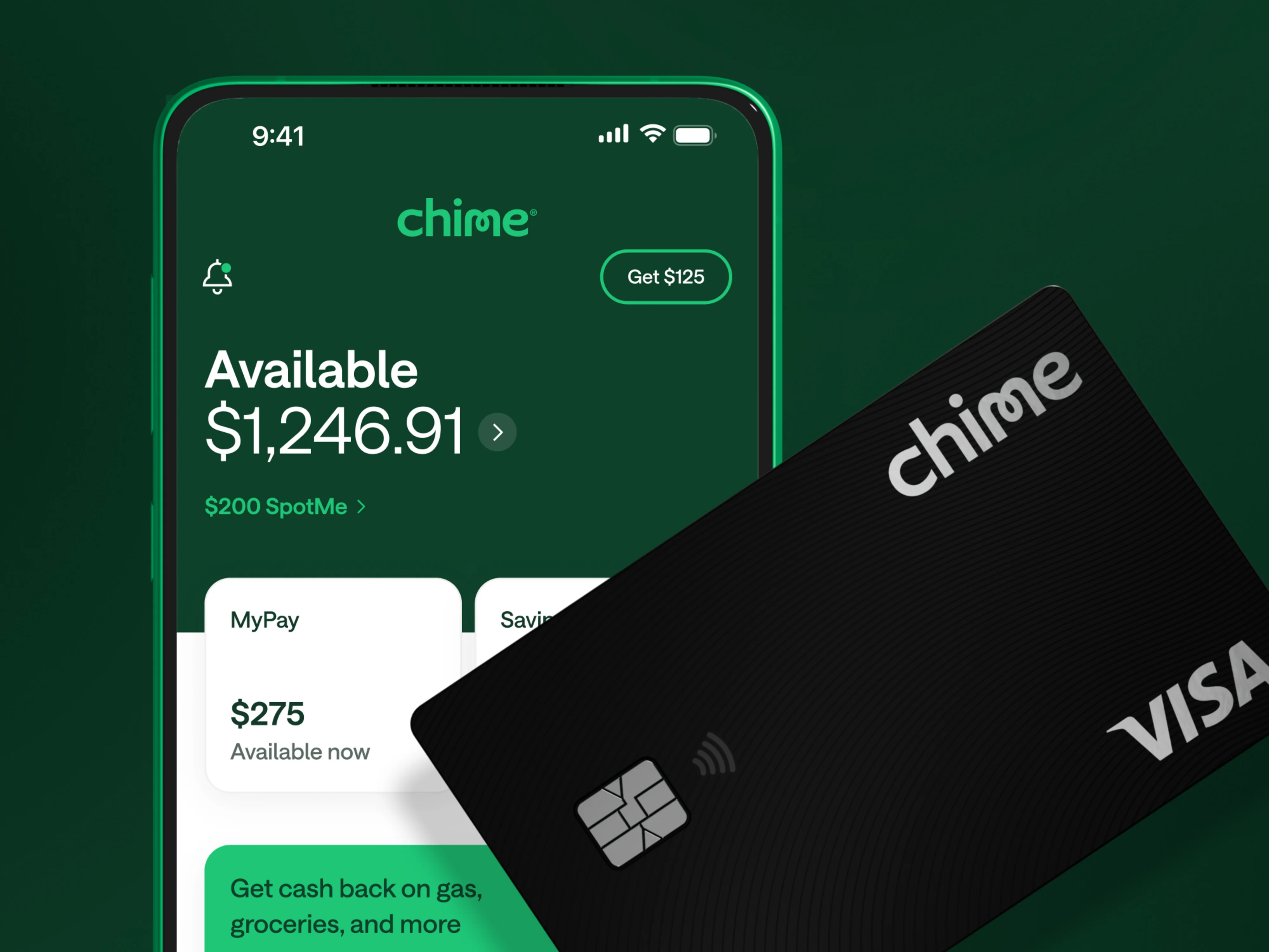 A Chime Visa card and a phone showing the Chime App.