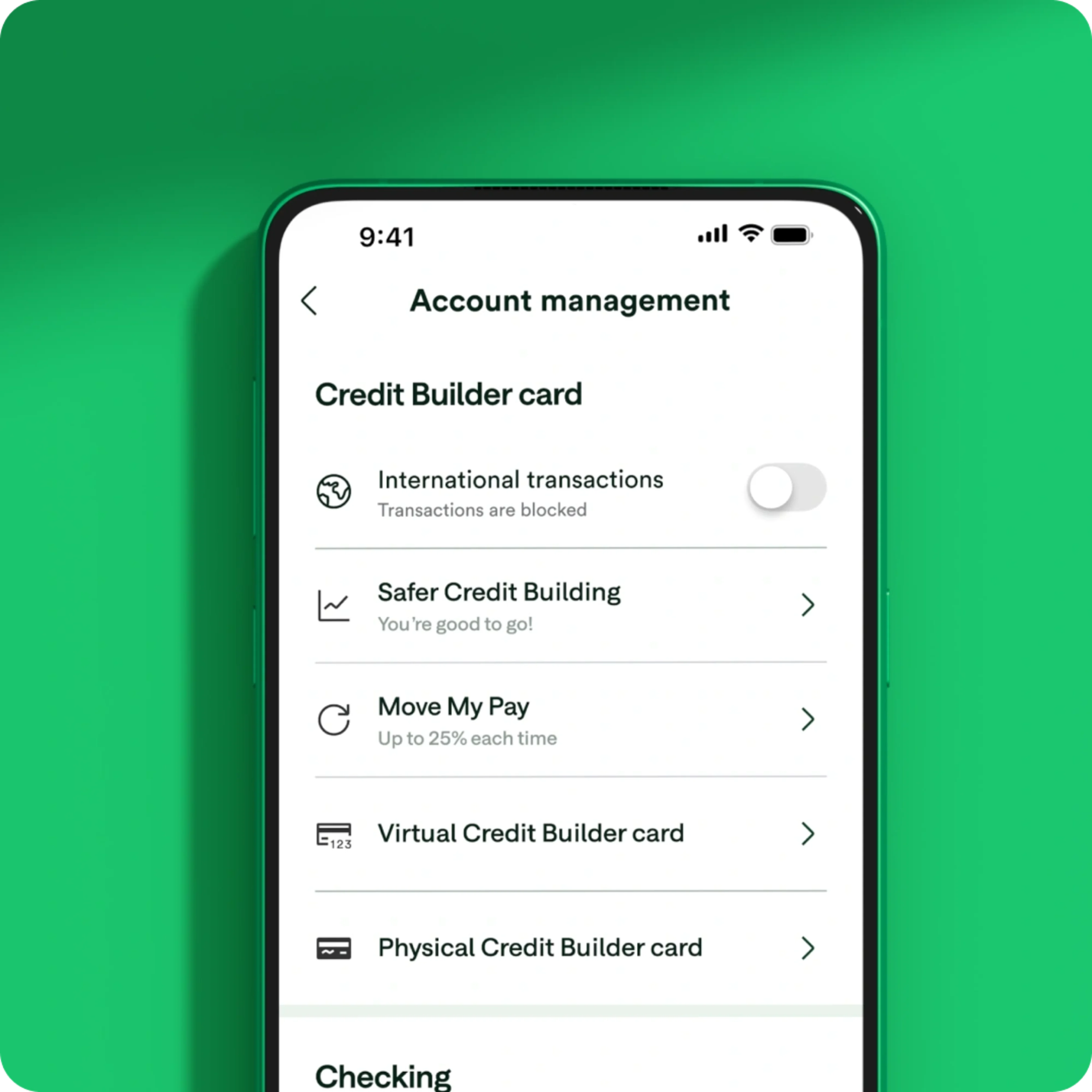Smartphone screen showing Chime’s Credit Builder card account management settings, including international transactions, credit tools, and pay features.