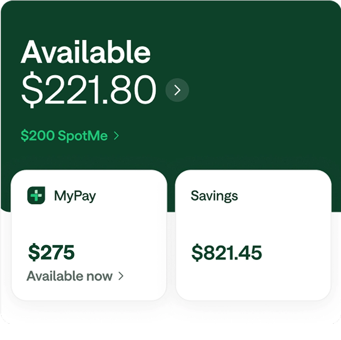 Screen showing $221.80 available balance and features like SpotMe, MyPay and Savings.