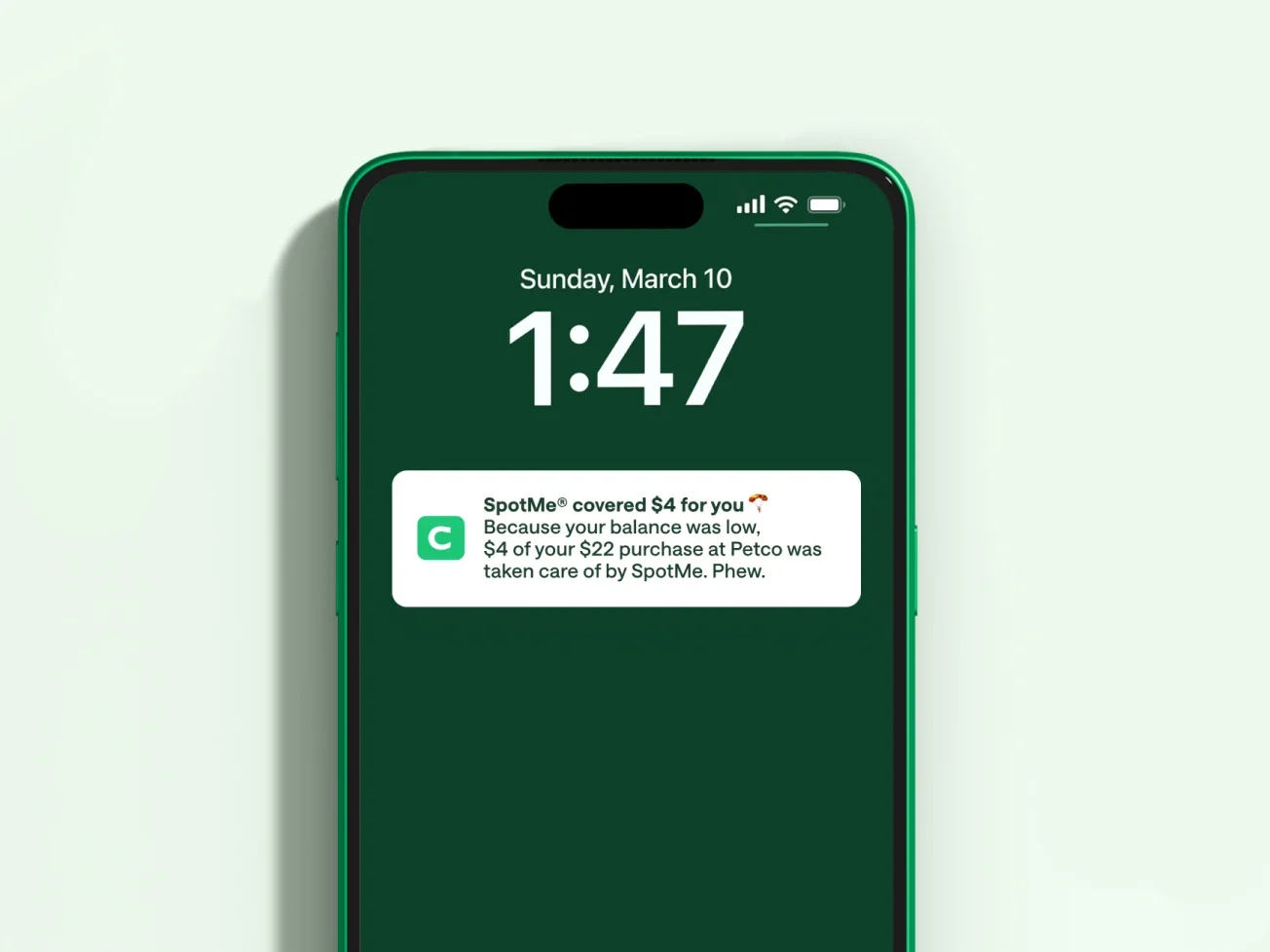 Chime SpotMe alert on phone screen notification covering a $4 Petco purchase due to low balance.