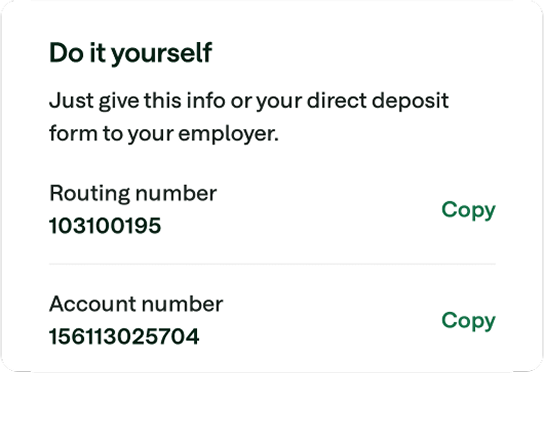 Setting up direct deposit app screen that features routing and account numbers to give to your employer. 