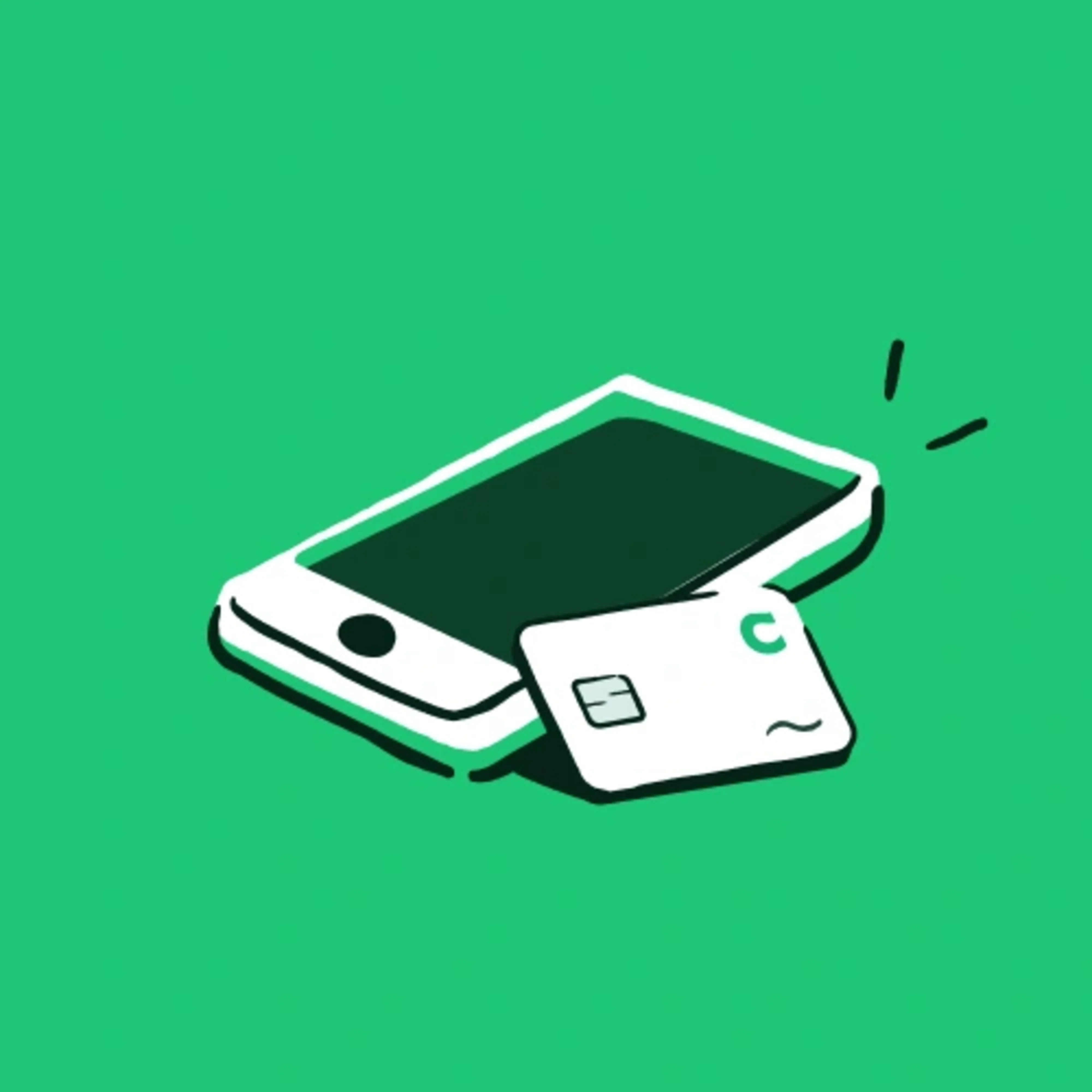 Illustration of a smartphone and Chime card on a green background.