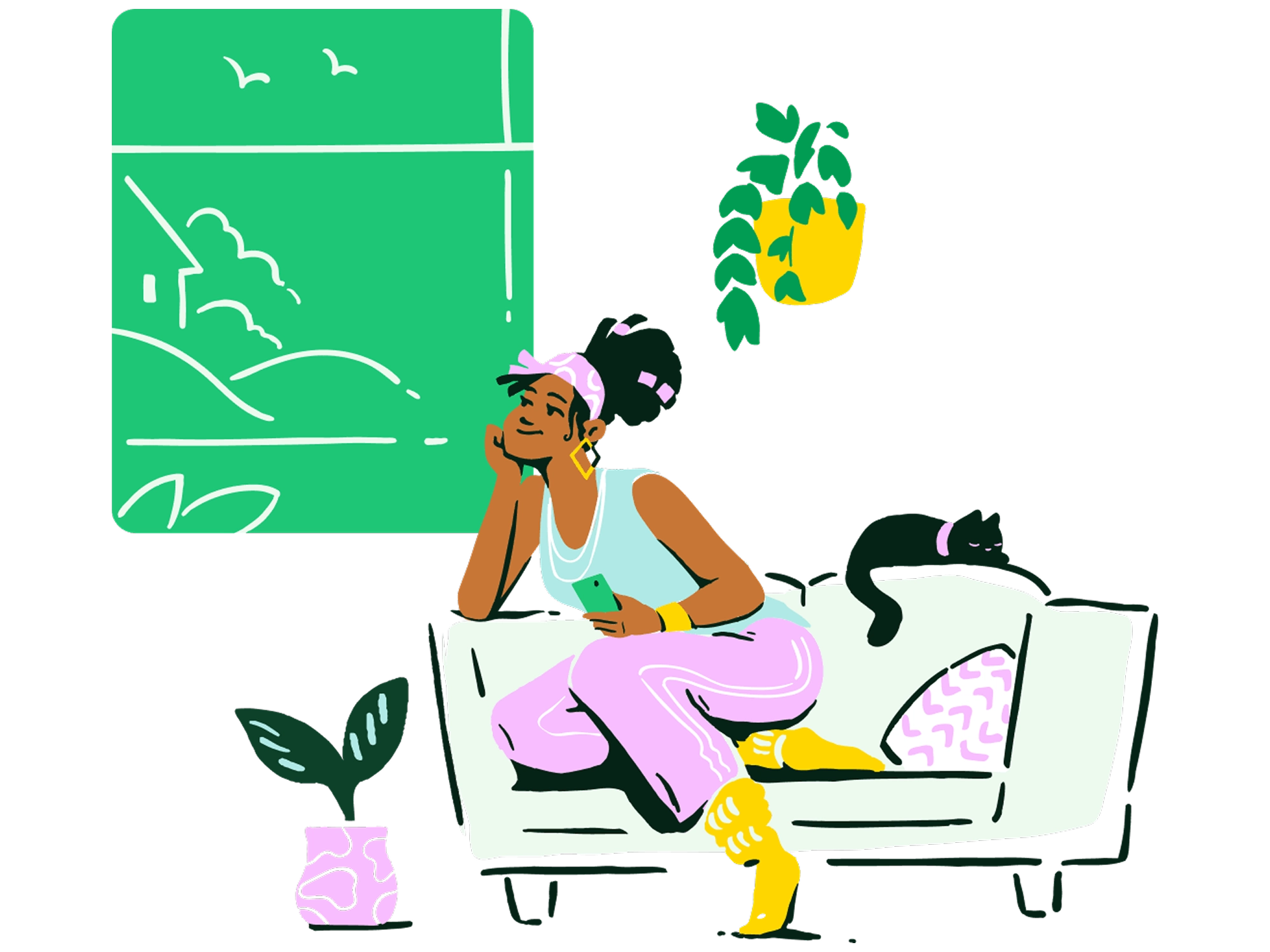 Illustration of a woman sitting on a couch surrounded by plants and a cat, looking out the window.