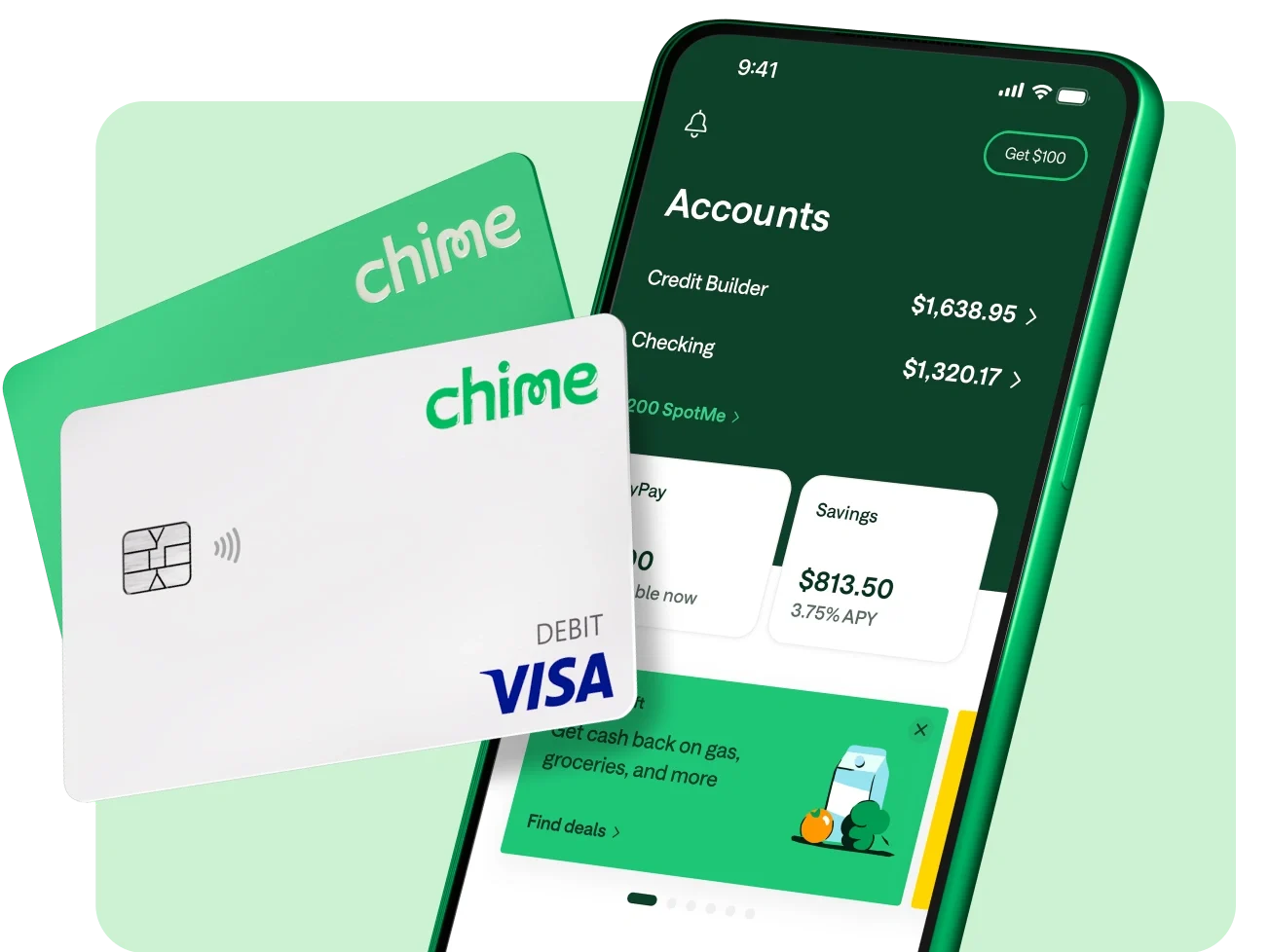 Chime debit and Credit Builder cards next to a smartphone showing account balances in the Chime app.
