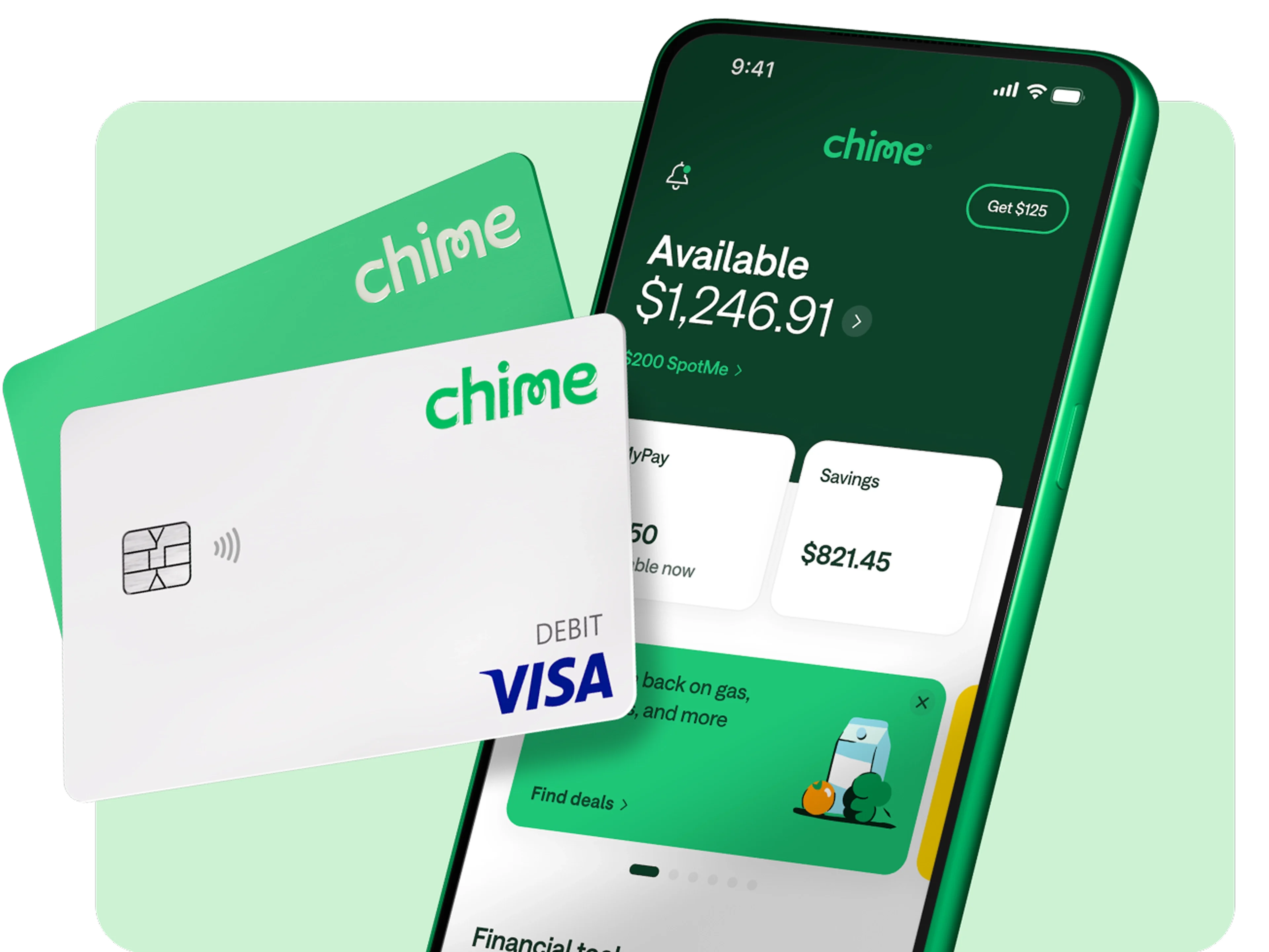 Chime debit and Credit Builder cards next to a smartphone showing account balances in the Chime app.