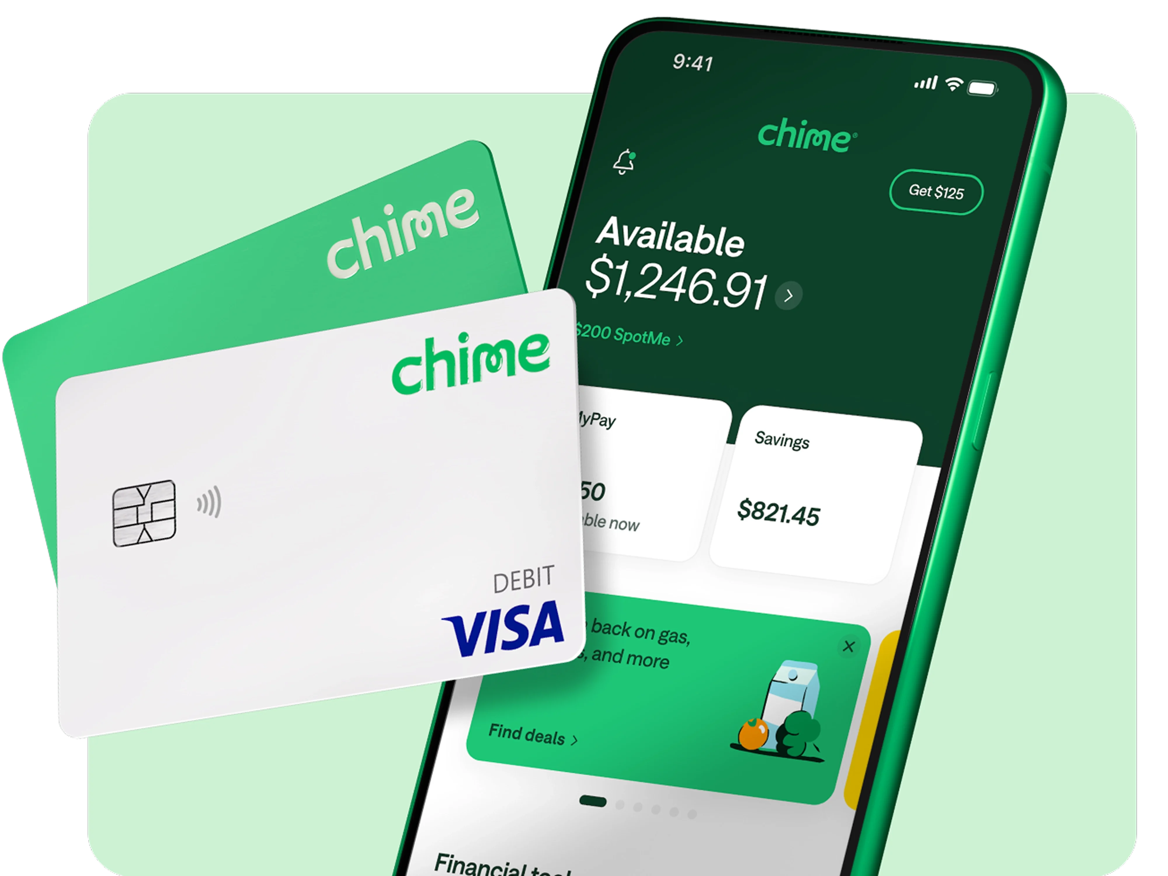 Chime debit and Credit Builder cards next to a smartphone showing account balances in the Chime app.