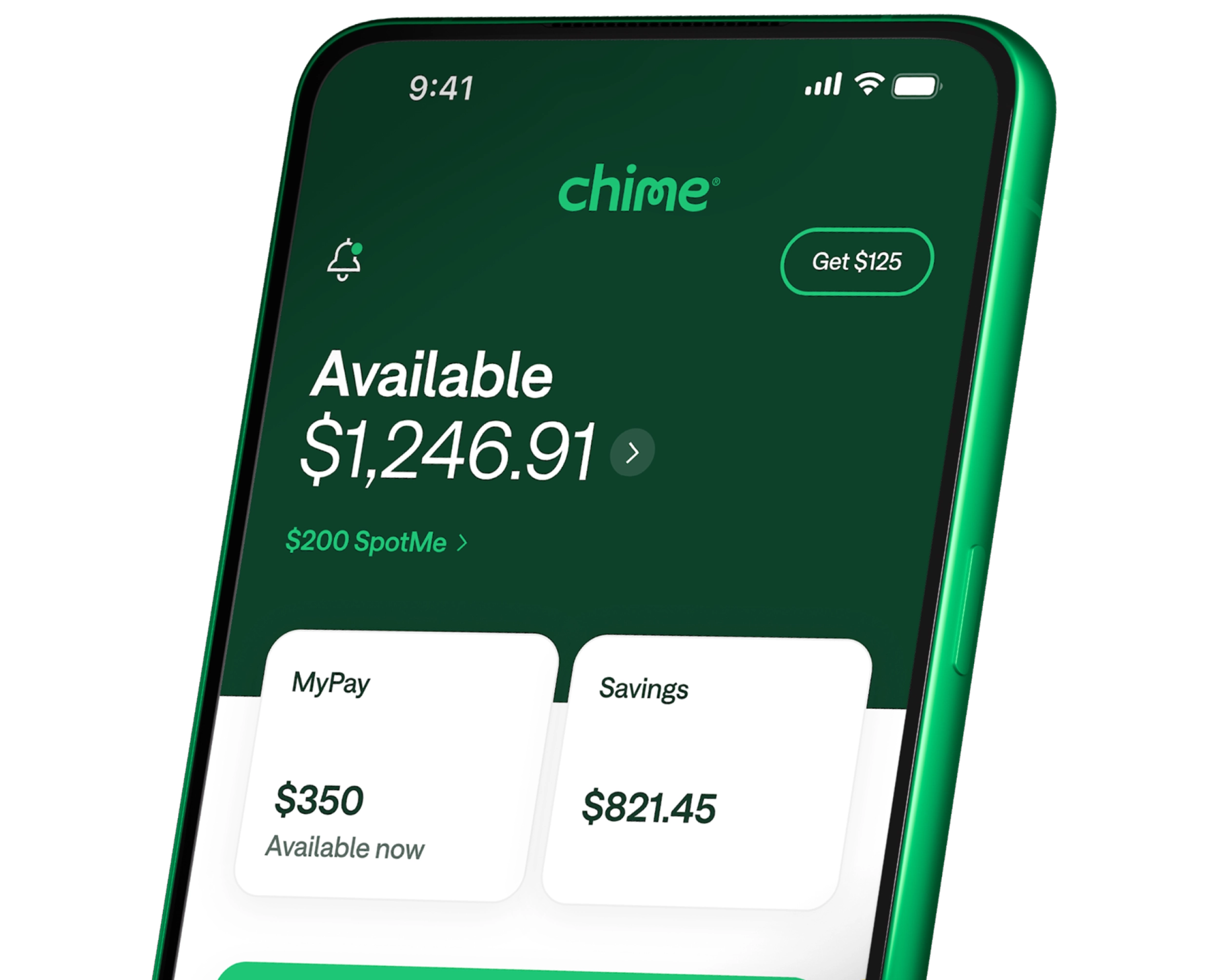 Chime available balance screen with SpotMe, MyPay, and Savings