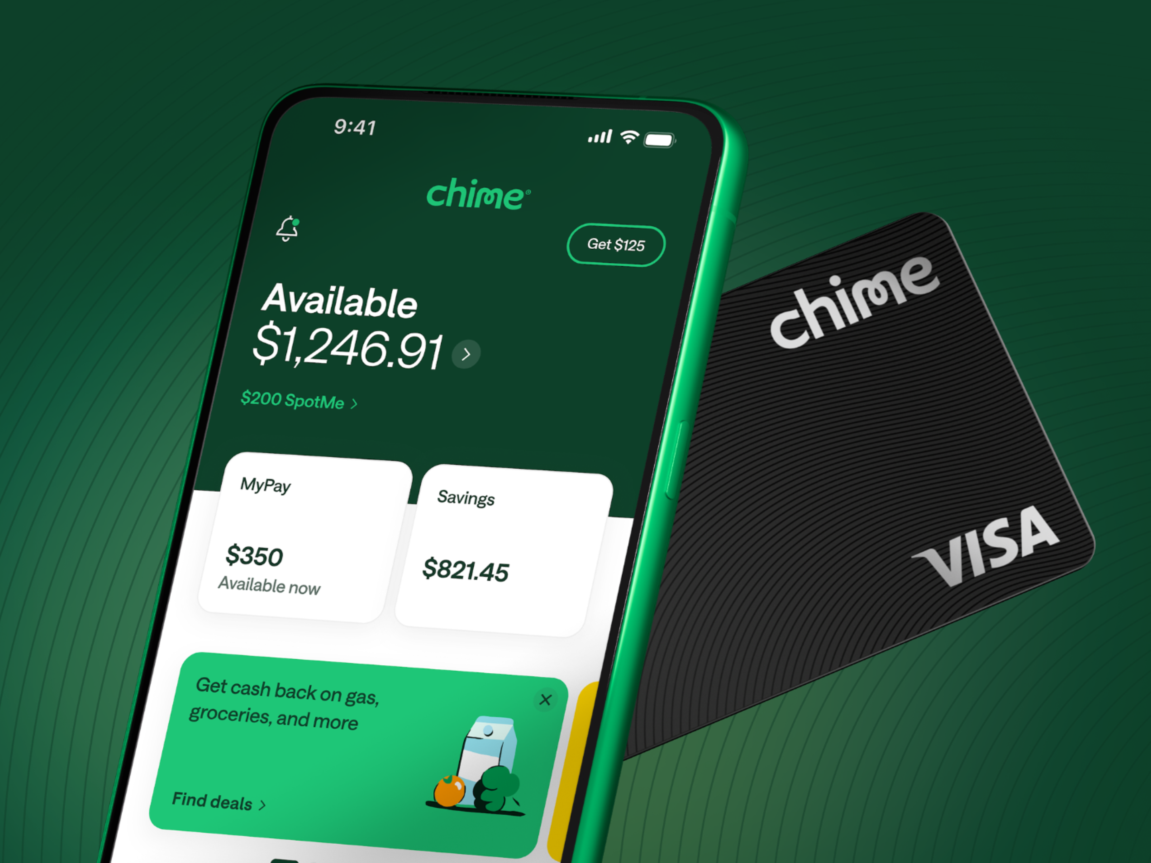 Chime app and black Visa Chime Card promotional image showing $1,246.91 balance, $350 MyPay availability, savings with 3.75% APY, and cashback offers for gas and groceries.