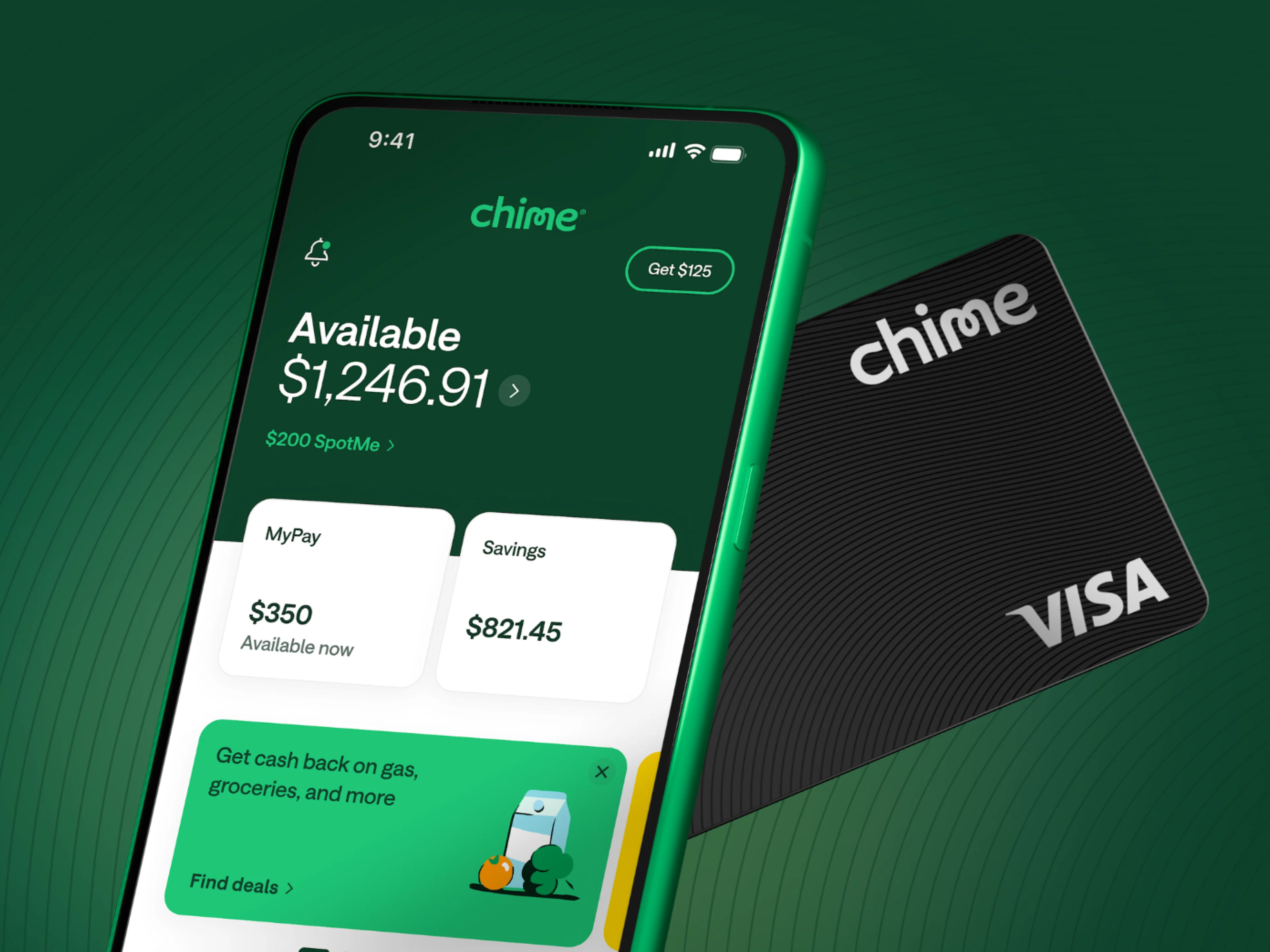 Chime app and black Visa Chime Card promotional image showing $1,246.91 balance, $350 MyPay availability, savings with 3.75% APY, and cashback offers for gas and groceries.