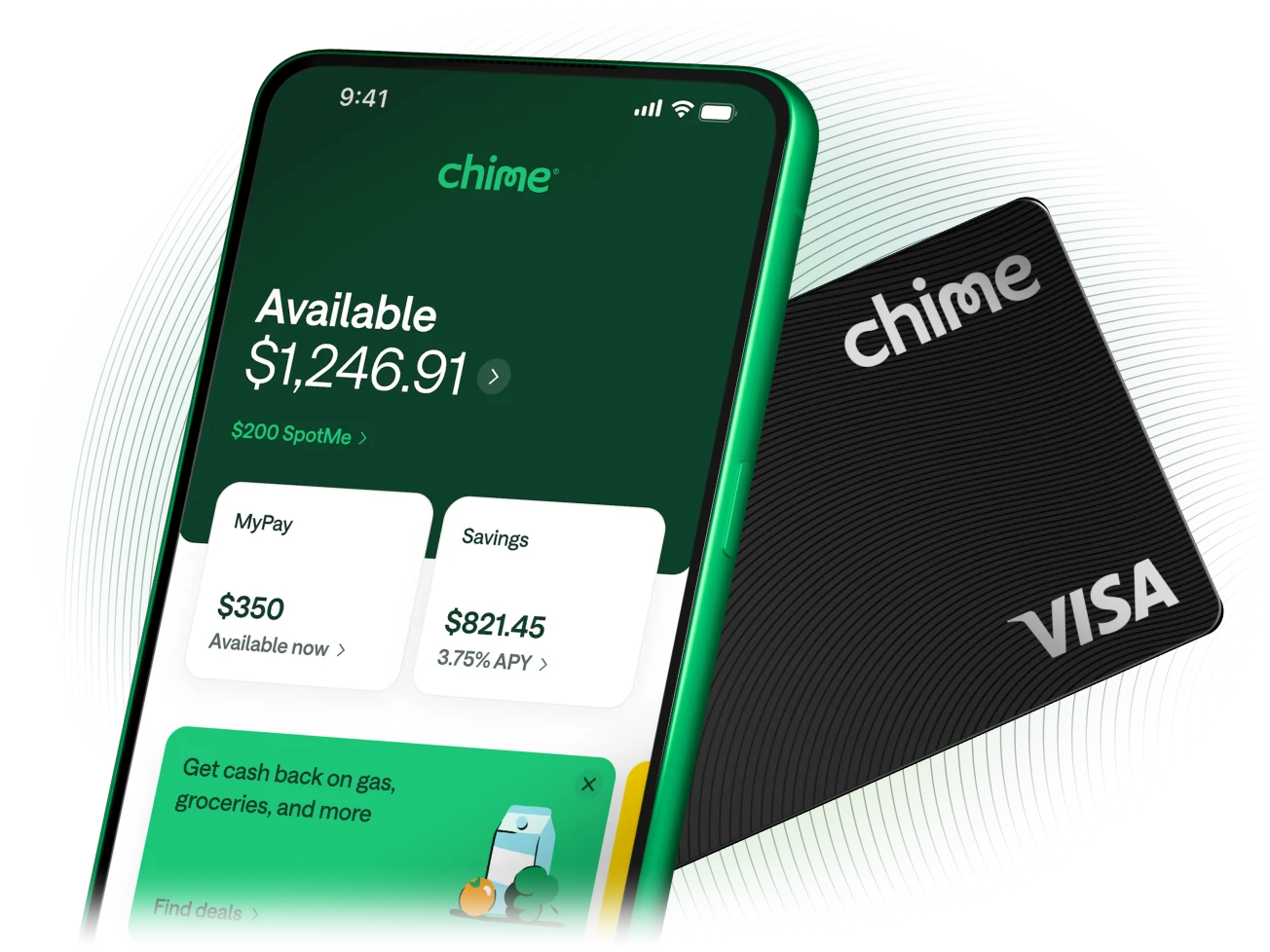 Chime app and black Visa Chime Card promotional image showing $1,246.91 balance, $350 MyPay availability, savings with 3.75% APY, and cashback offers for gas and groceries.