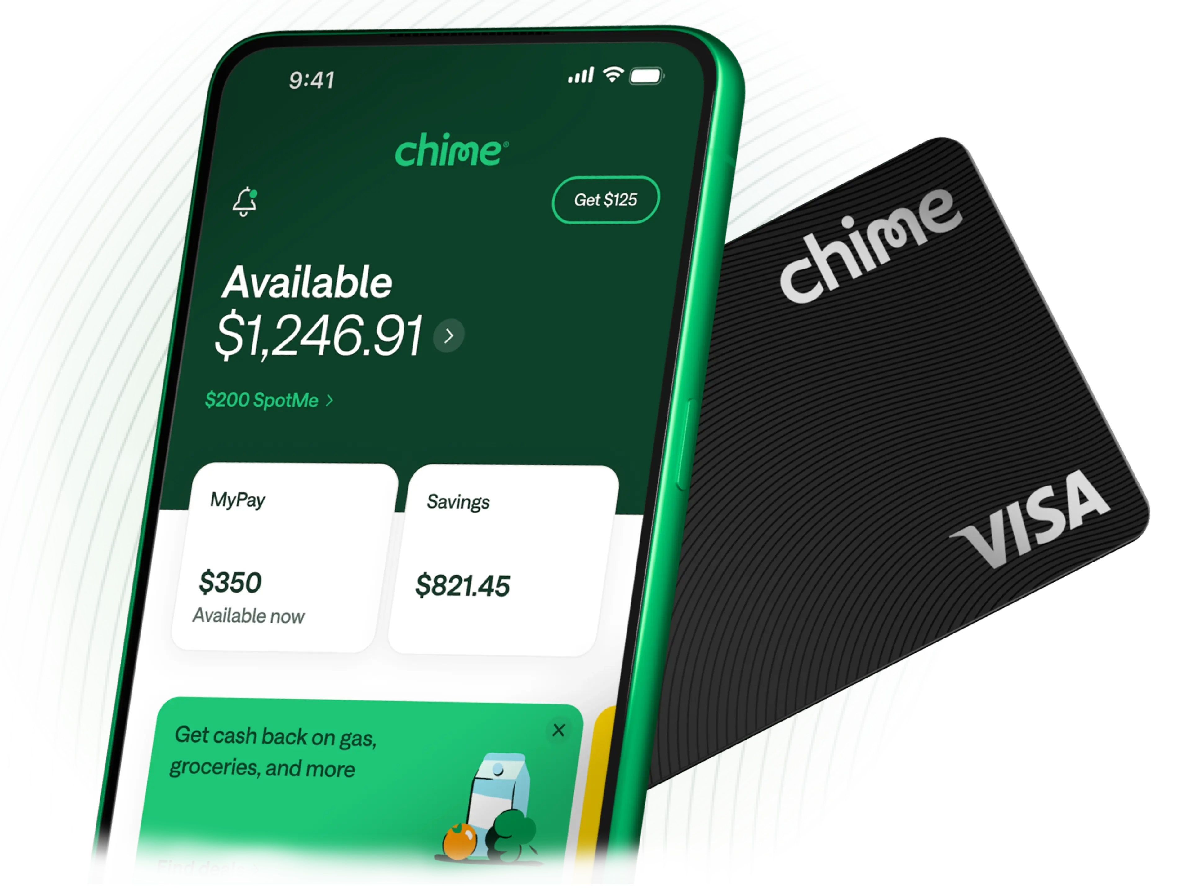 Chime app and black Visa Chime Card promotional image showing $1,246.91 balance, $350 MyPay availability, and cashback offers for gas and groceries.