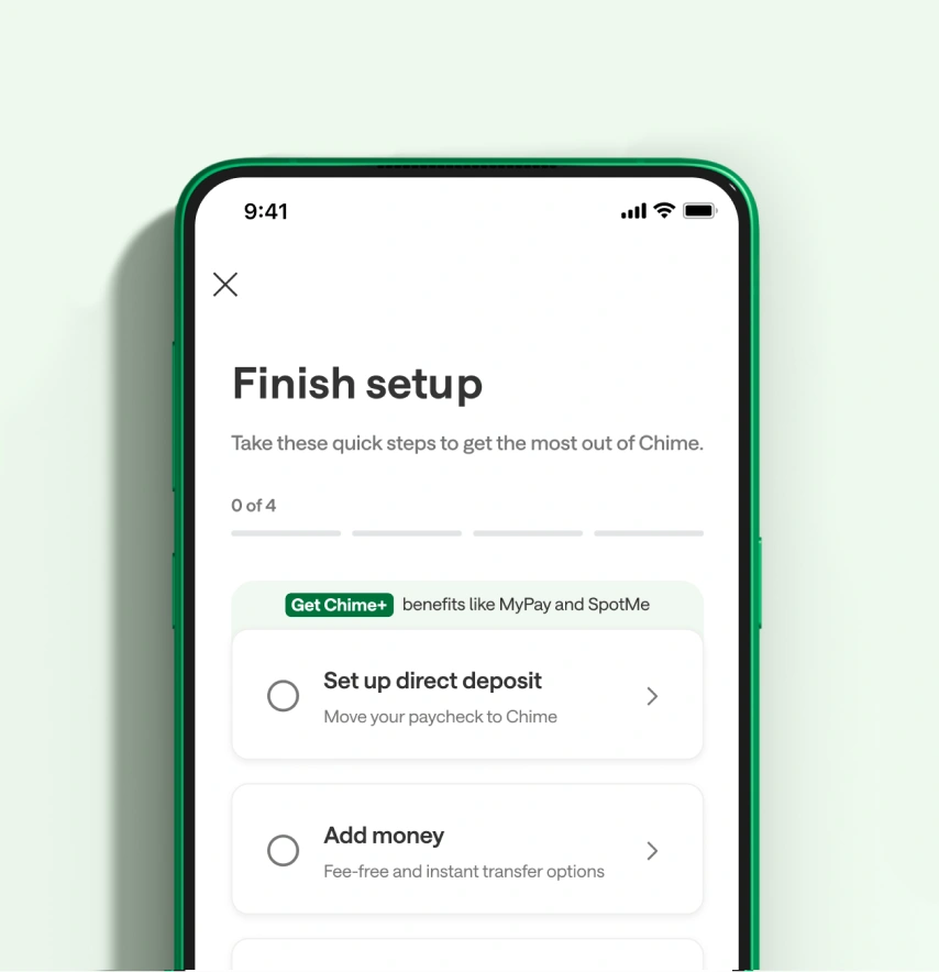 Chime app screen prompting user to finish setup with steps like setting up direct deposit and adding money.