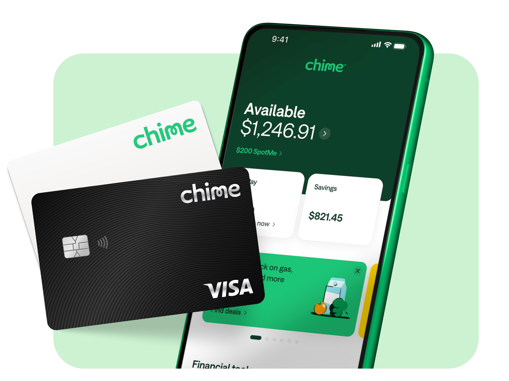Debit and Chime cards next to a smartphone showing account balances in the Chime app.