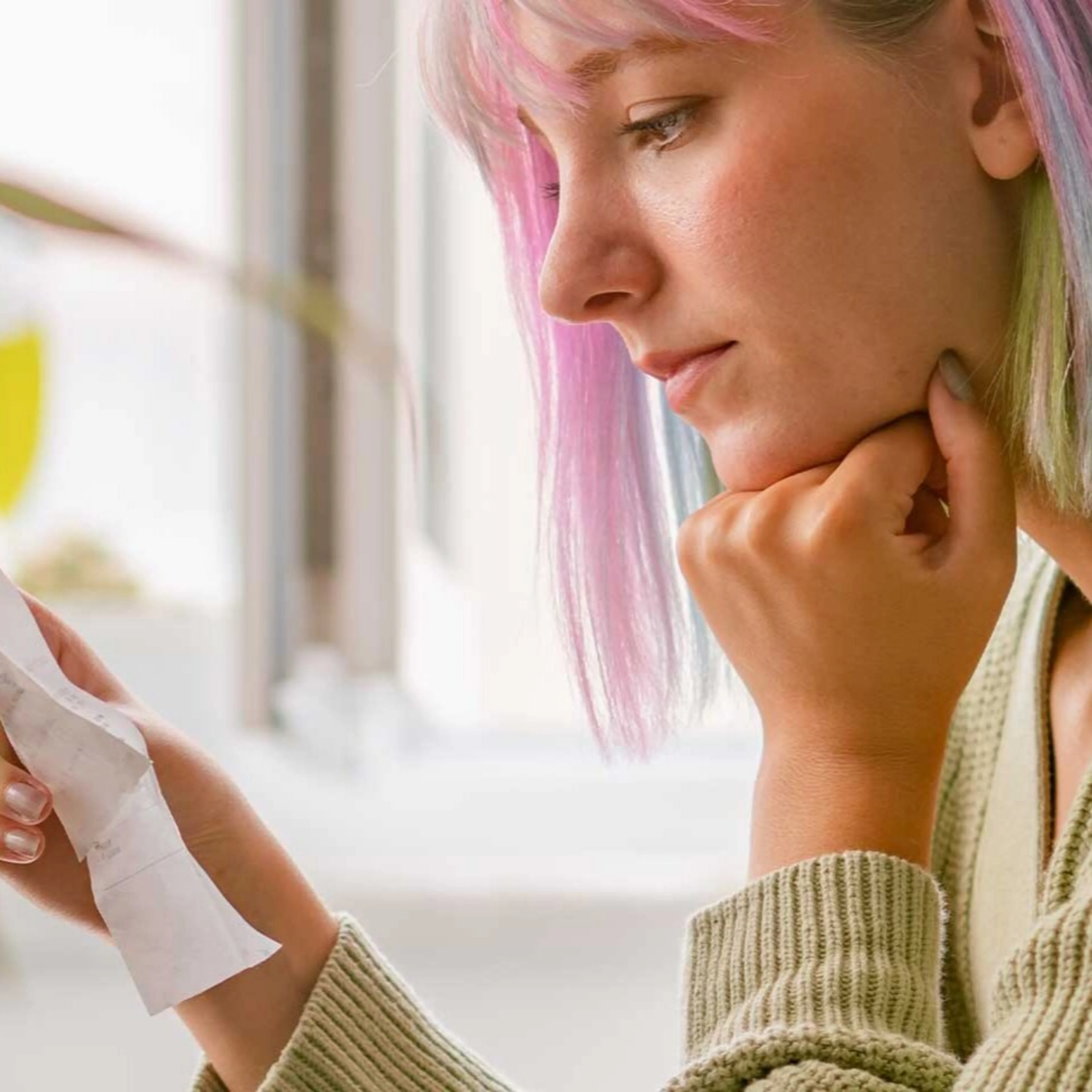 Sad looking girl with pink and colorful hair, sitting looking at a receipt with her hand on chin.