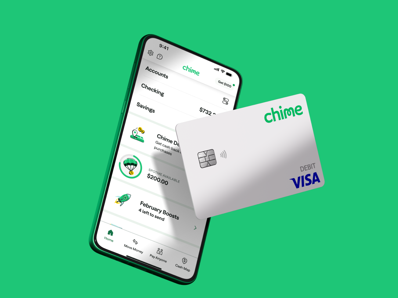 chime account on mobile with white chime debit card in front visa hero
