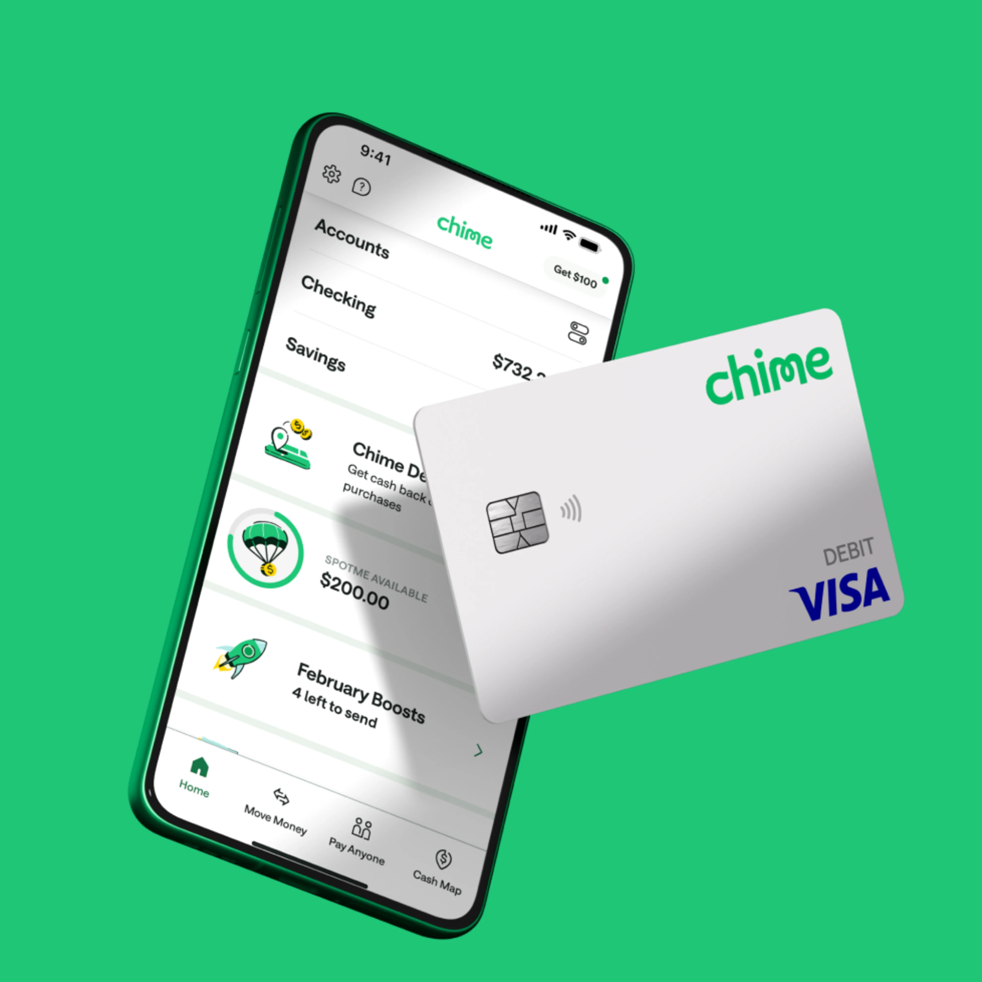 chime account on mobile with white chime debit card in front visa hero
