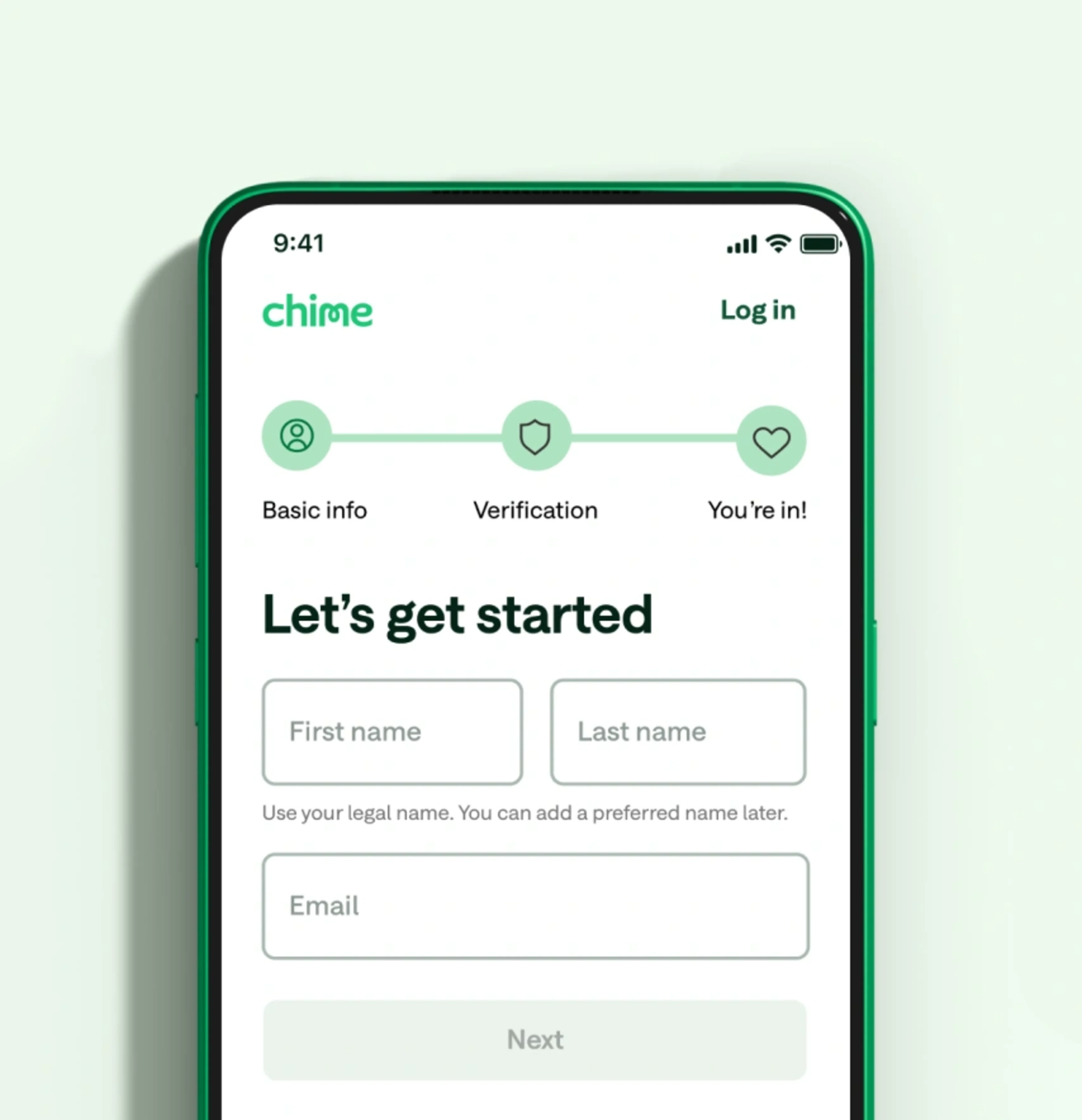 Chime account signup screen showing steps: Basic info, Verification, and You're in.