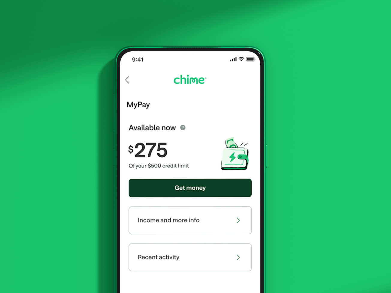 MyPay mobile app screen showing $275 available now.