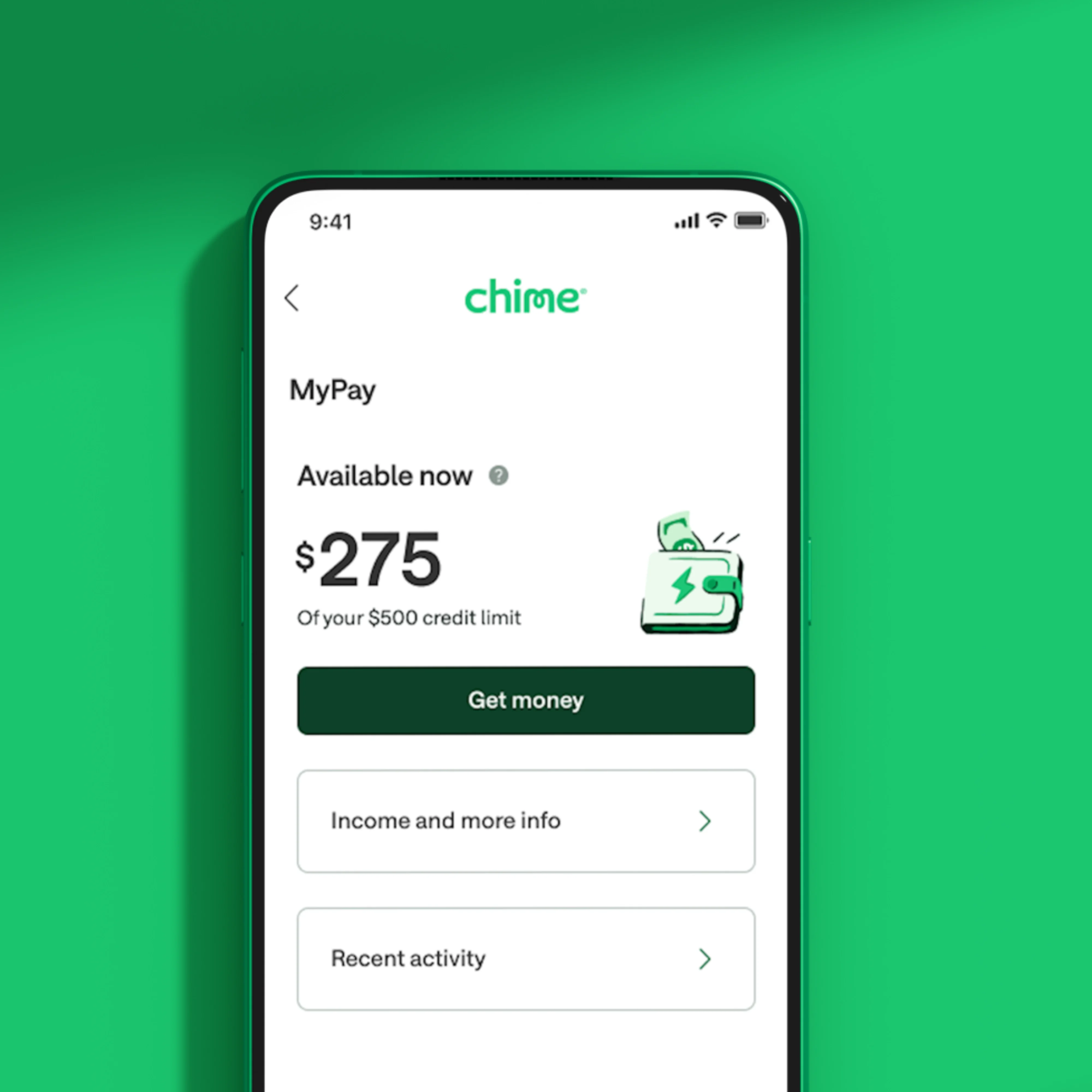 MyPay mobile app screen showing $275 available now.