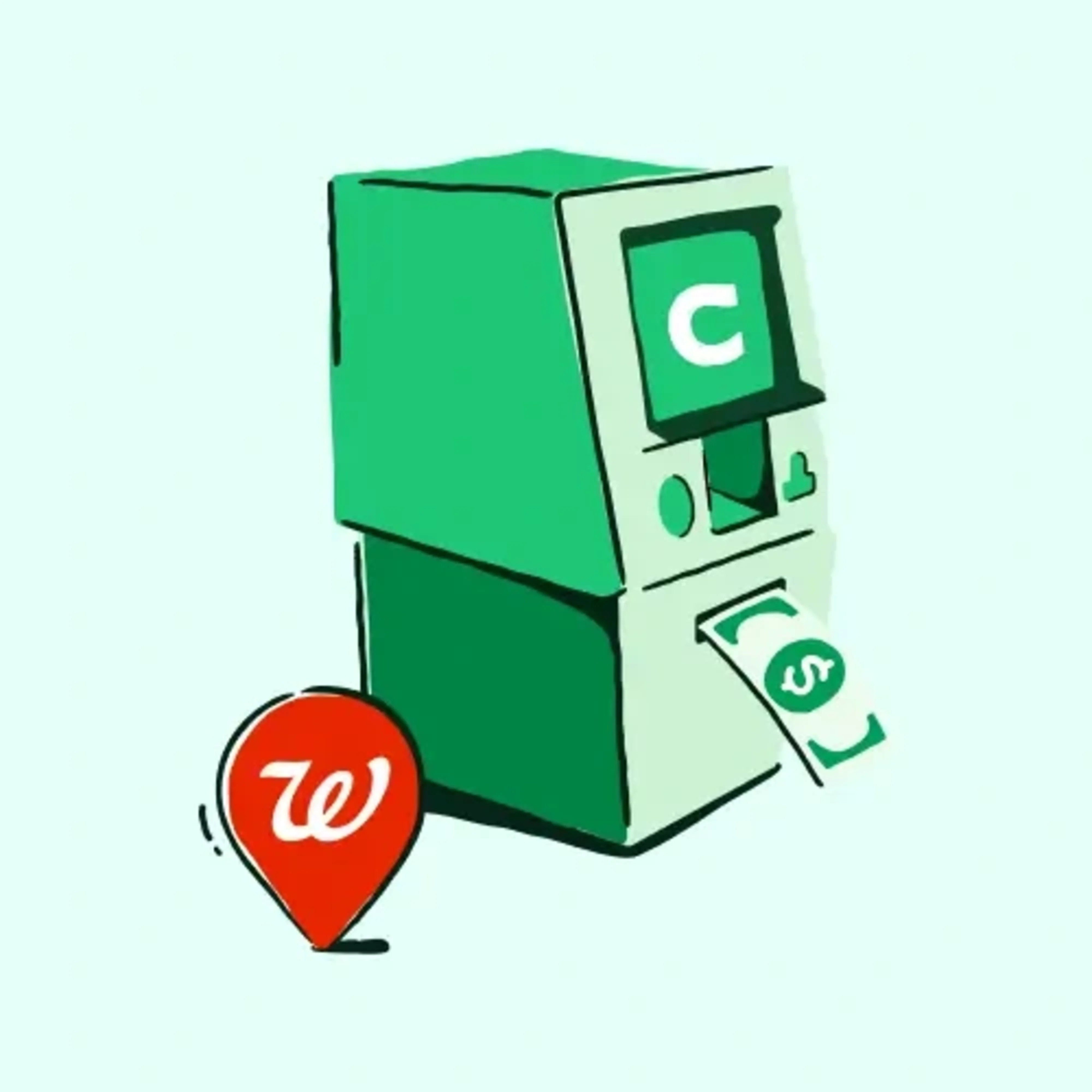 Illustration of an ATM dispensing cash with a Walgreens location pin.