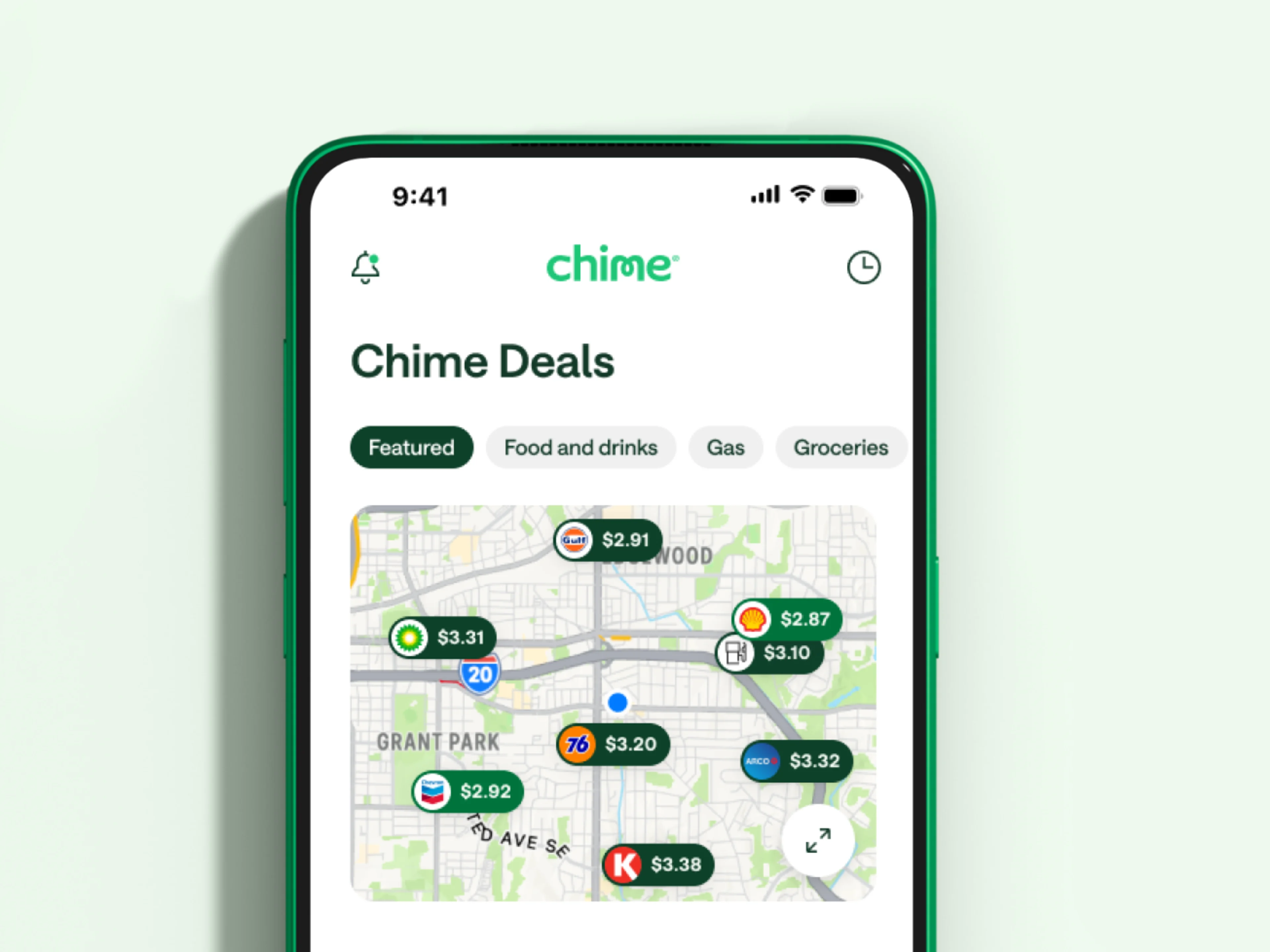 Chime Deals app screen showing a map of local savings with nearby gas prices and filter options like Featured, Food and Drinks, Gas and Groceries.