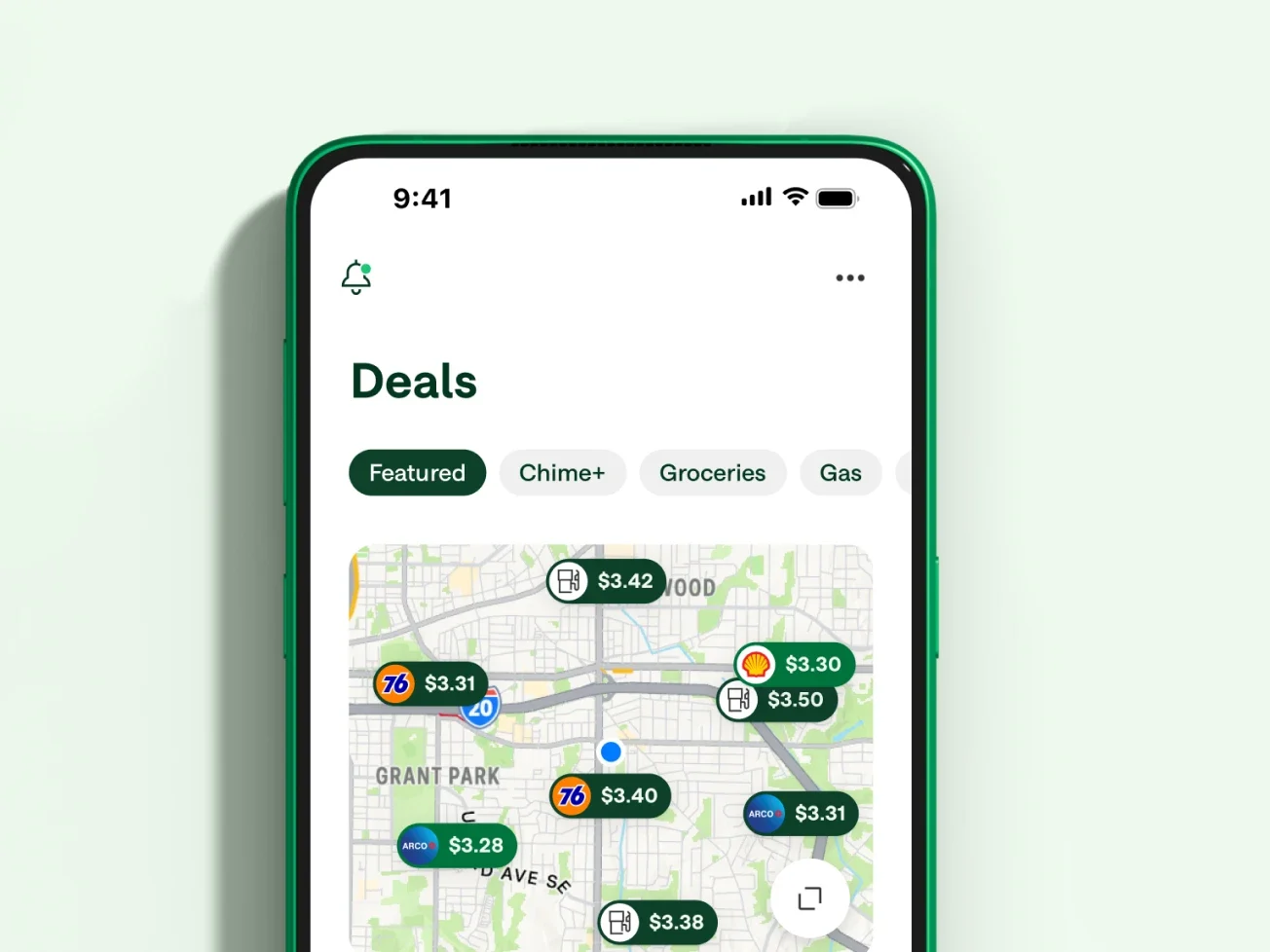 Chime Deals app screen showing a map of local savings with nearby gas prices and filter options like Featured, Chime+, Groceries, and Gas.