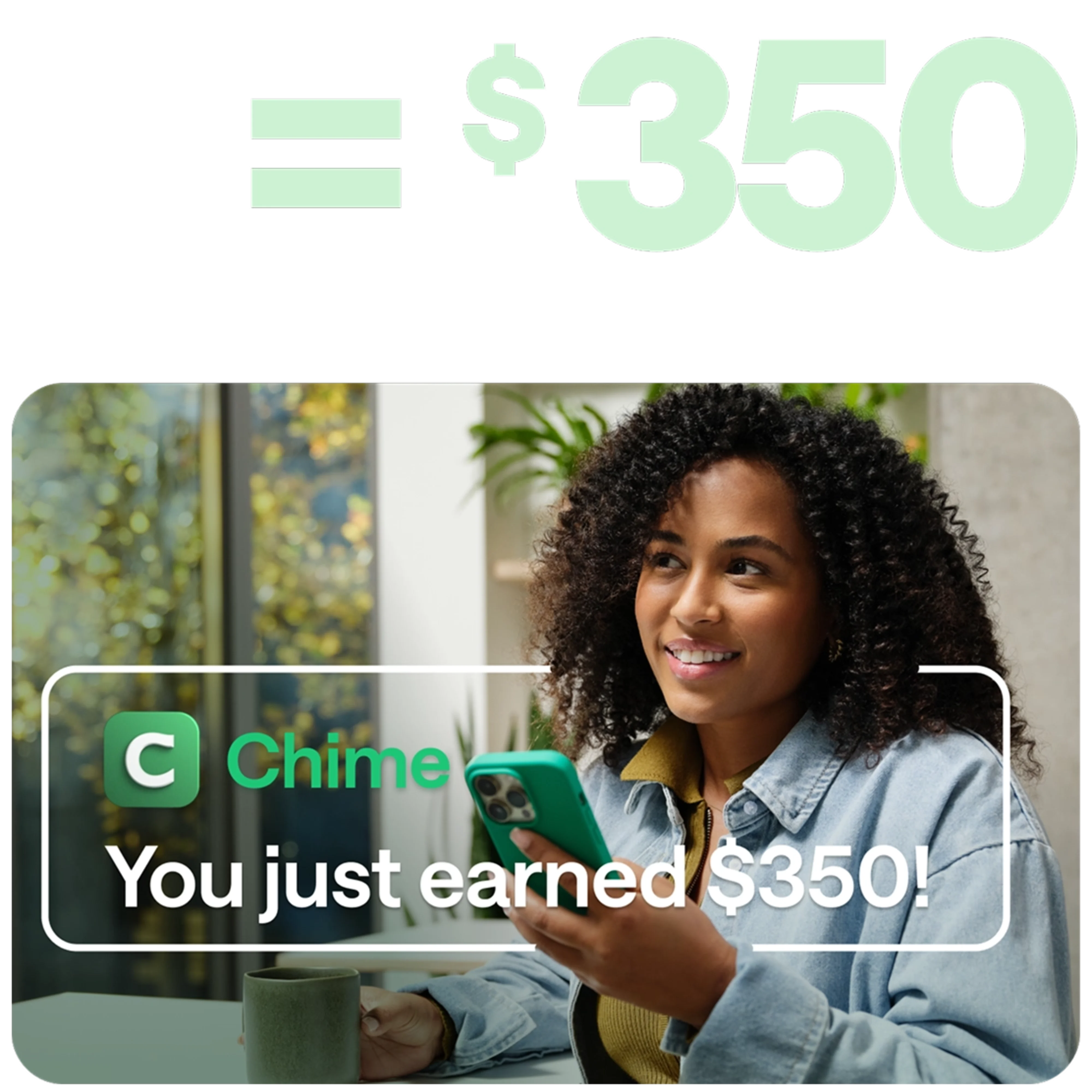 Woman looking at her phone and happy that she just earned $350 from qualifying activities.
