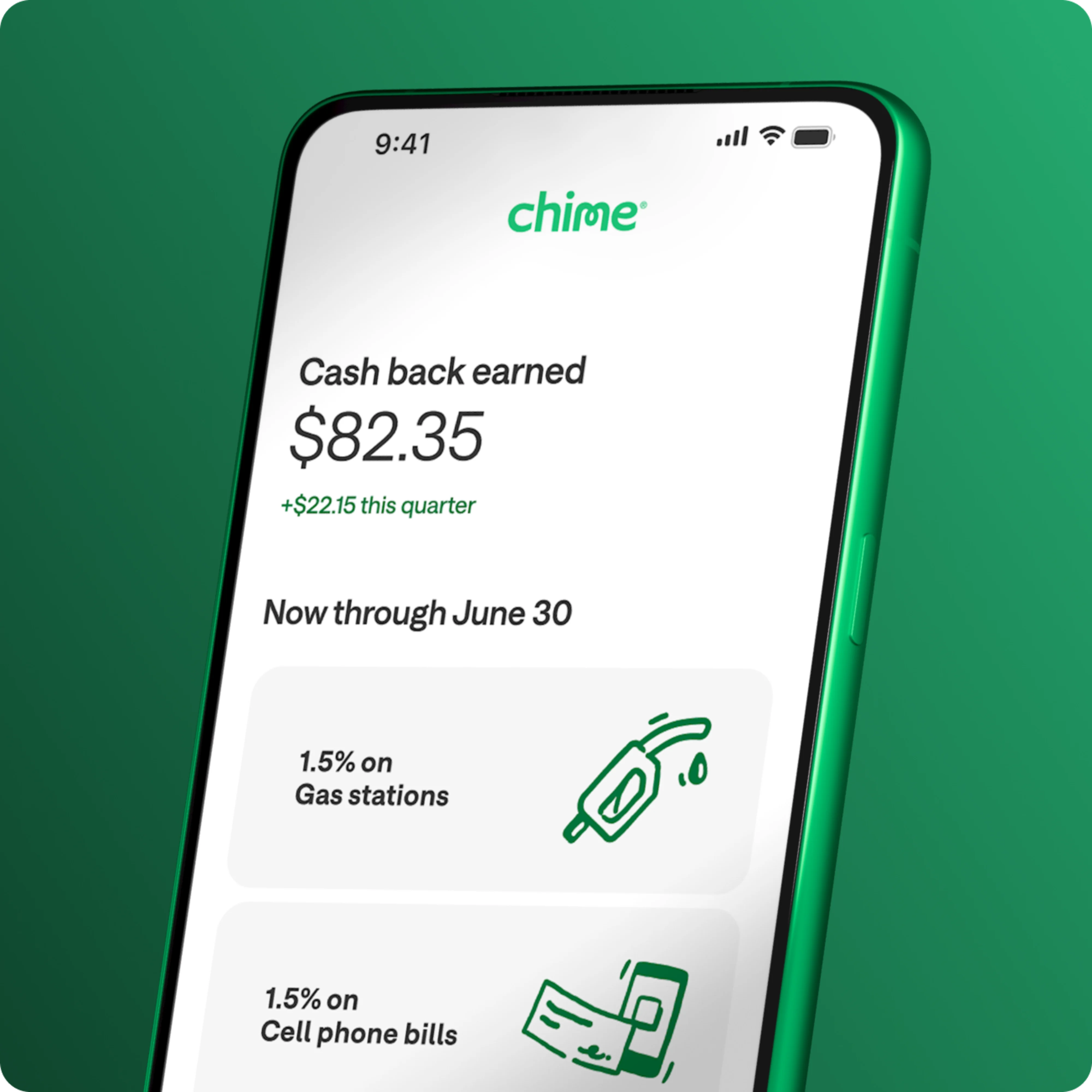 Chime mobile screen showing with Chime+, you can get 1.5% cash back on rotating categories.