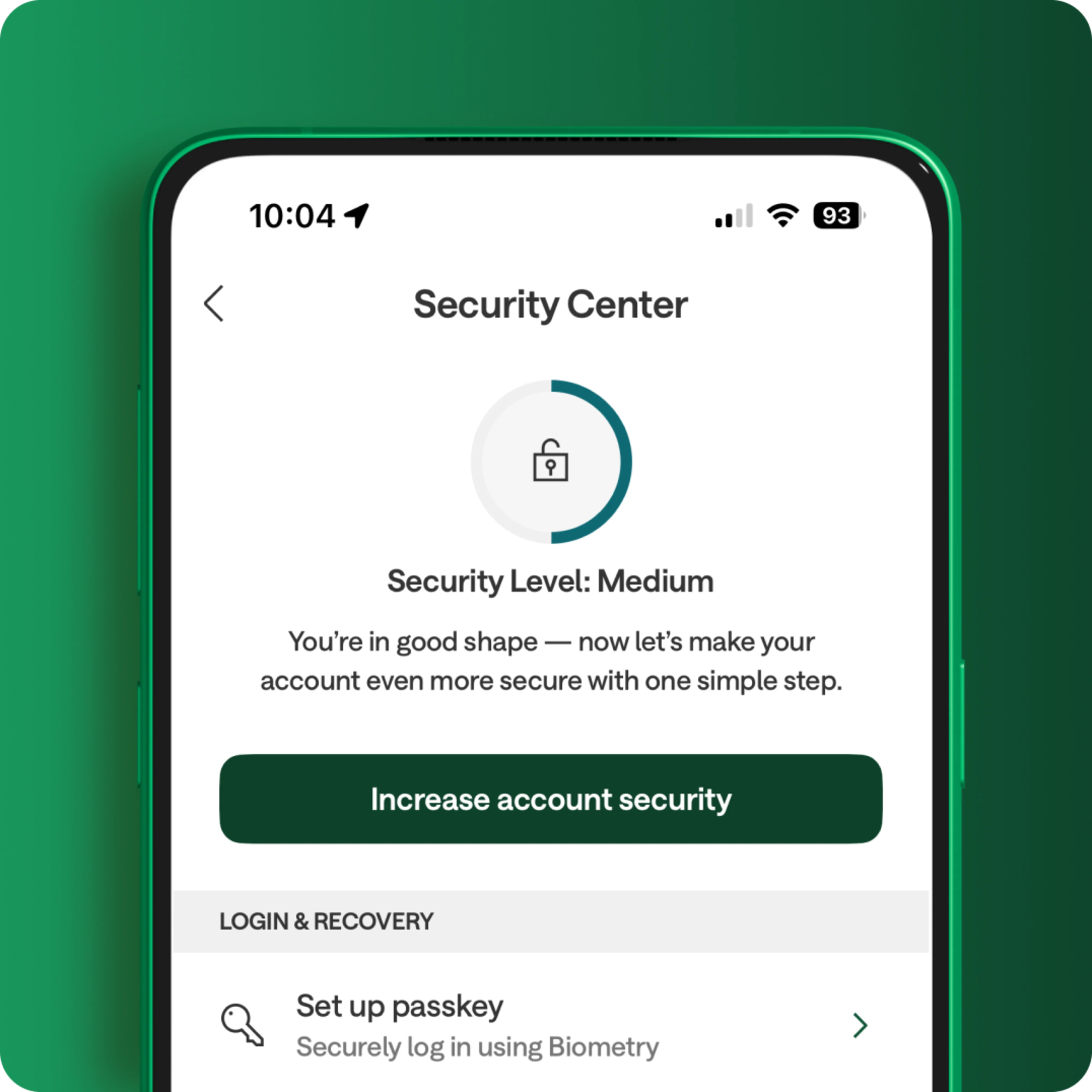 Chime app Security Center screen with recommendation to increase account security and enable biometric passkey login.