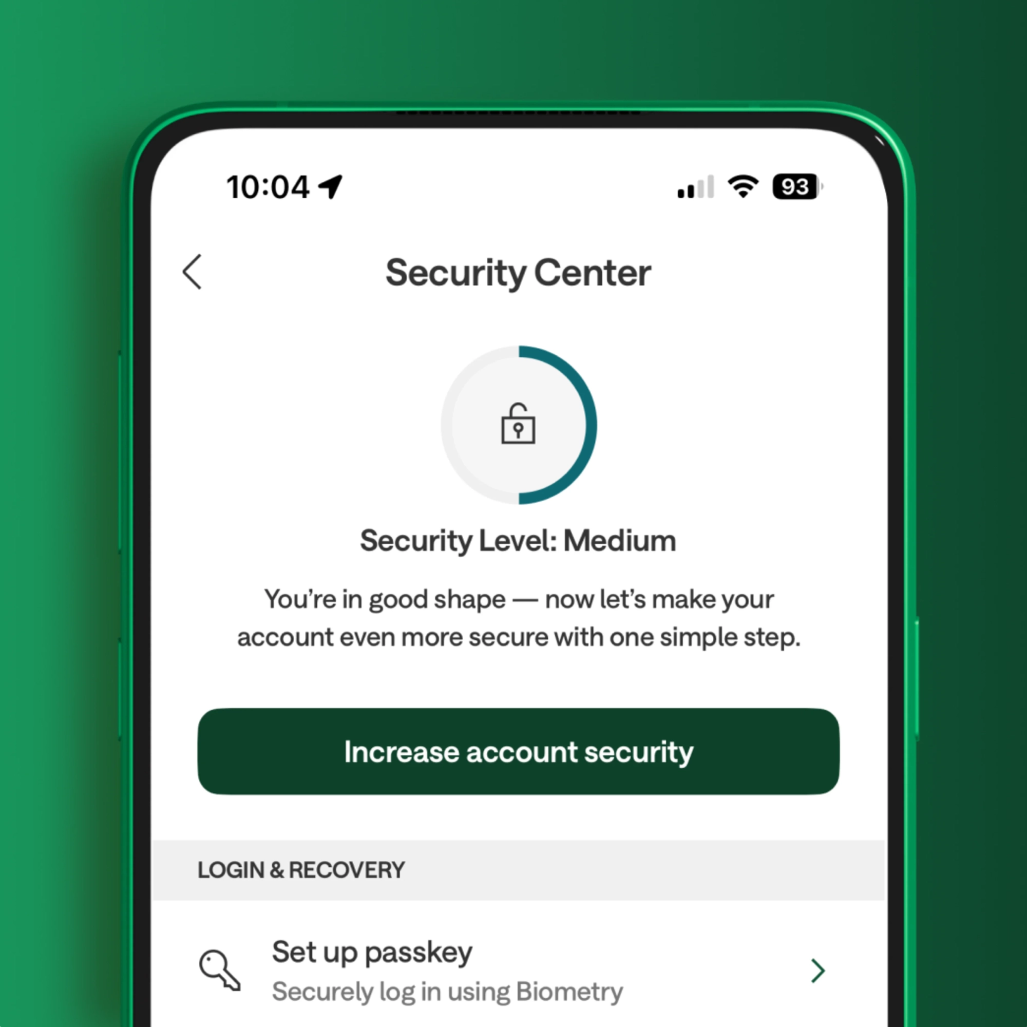 Chime app Security Center screen with recommendation to increase account security and enable biometric passkey login.