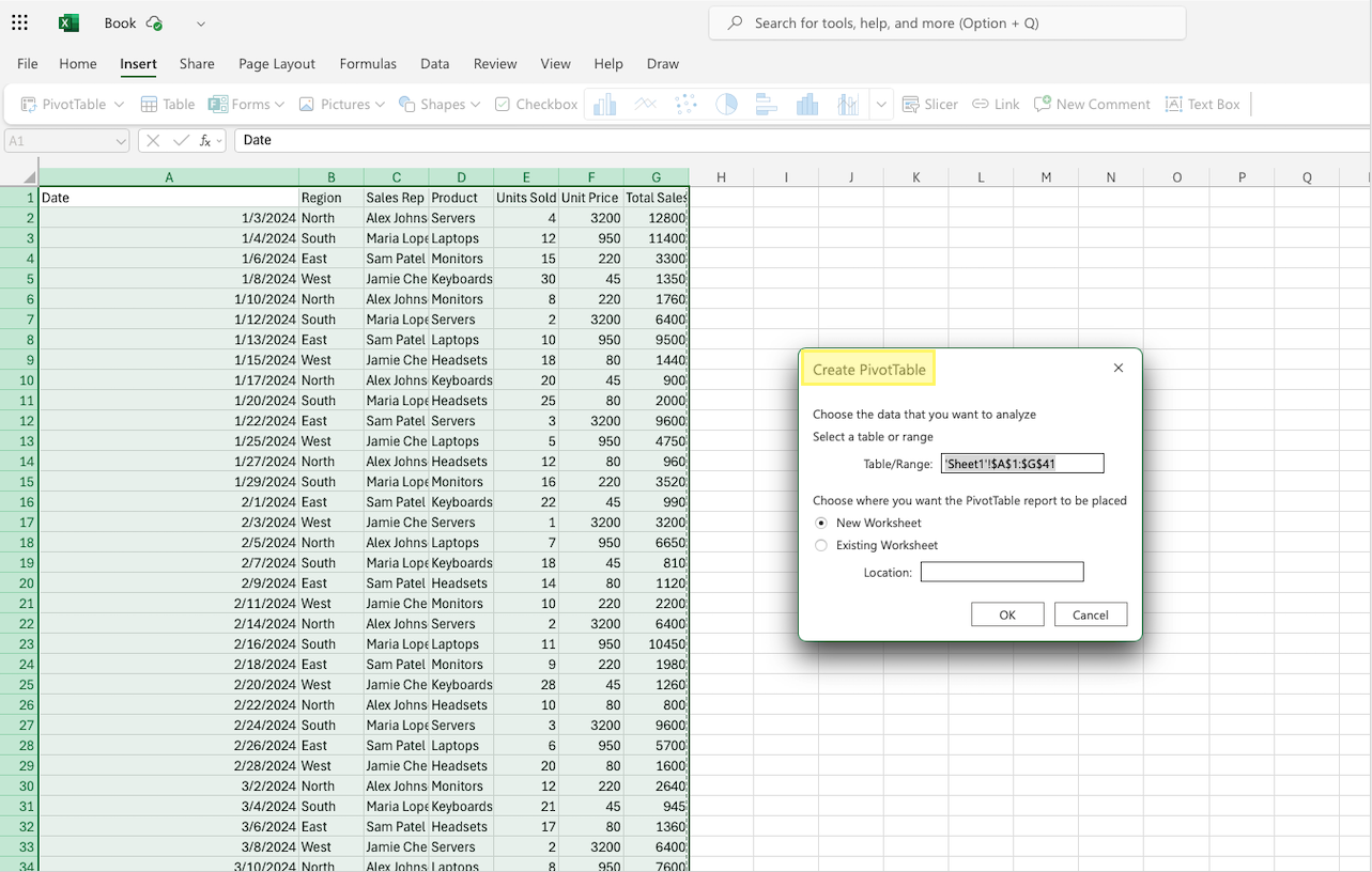 Step 4: Choose Where to Place the PivotTable
