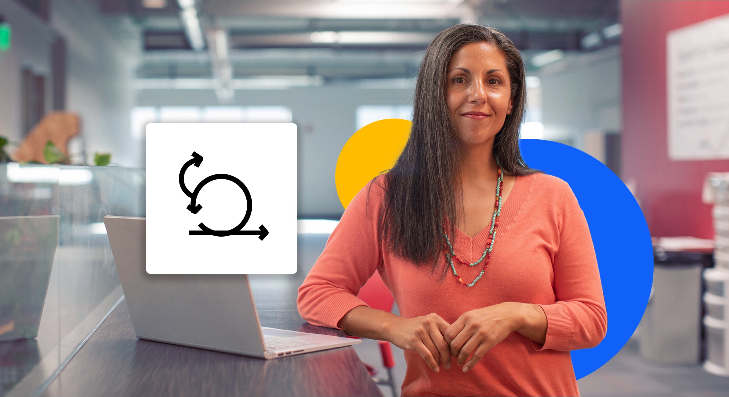 Woman standing at desk with laptop and scrum icon Scrum Training