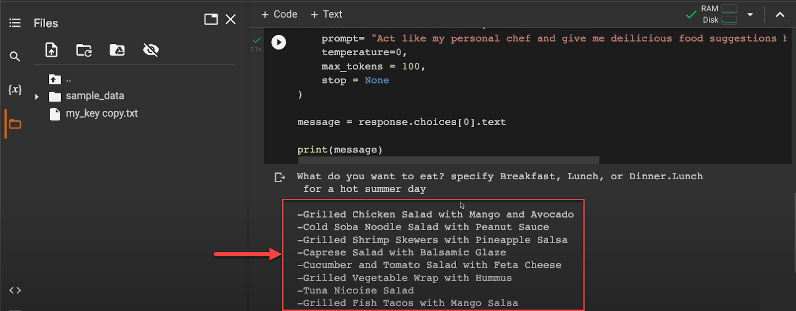 use the OpenAI API to generate personalized food suggestions