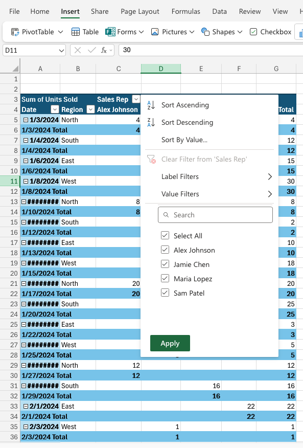 Step 6: Sort and Filter Your PivotTable Data
